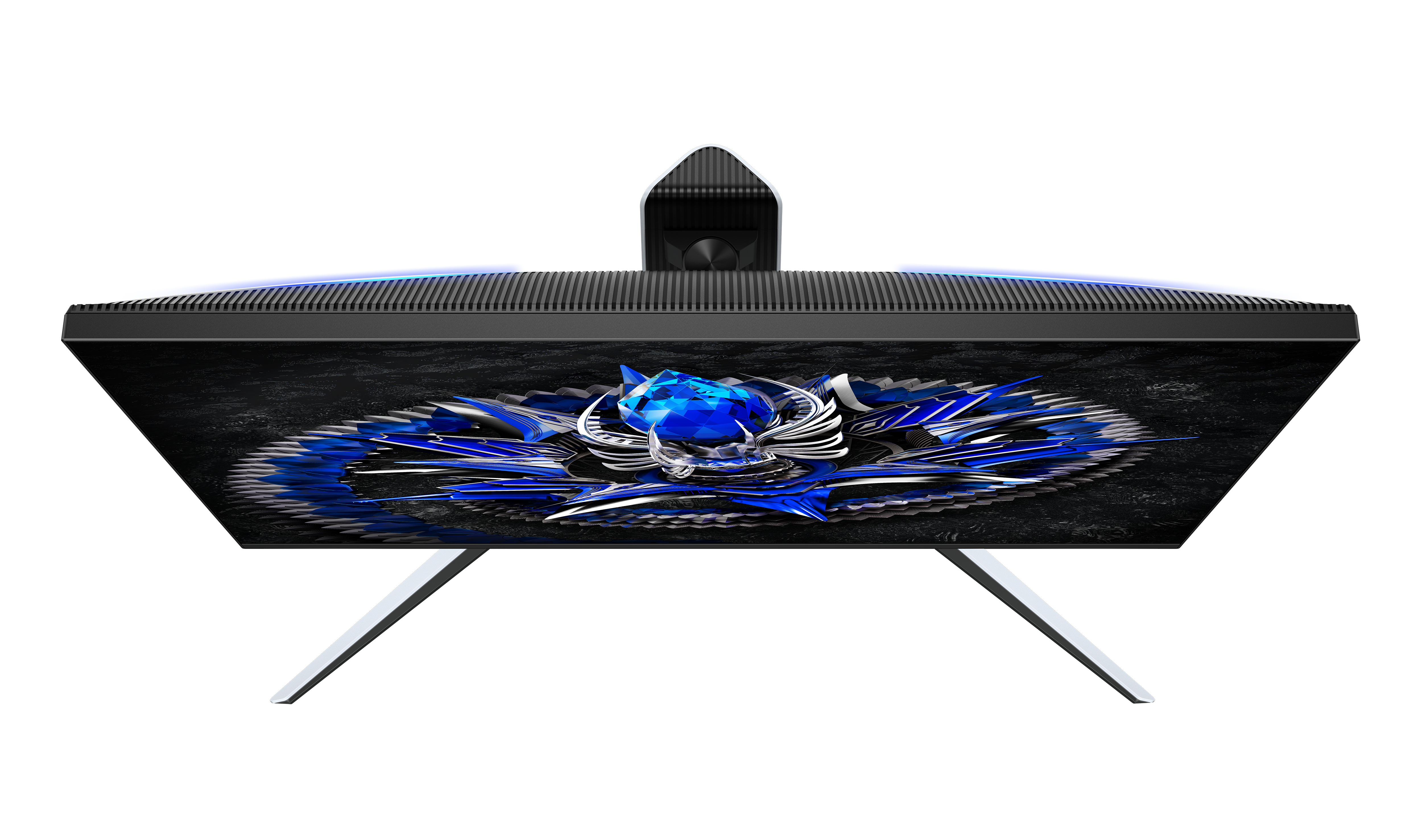 Monitor, widok z góry. Ekran pokazuje niebieski, srebrny i czarny abstrakcyjny wzór kwiatowy.