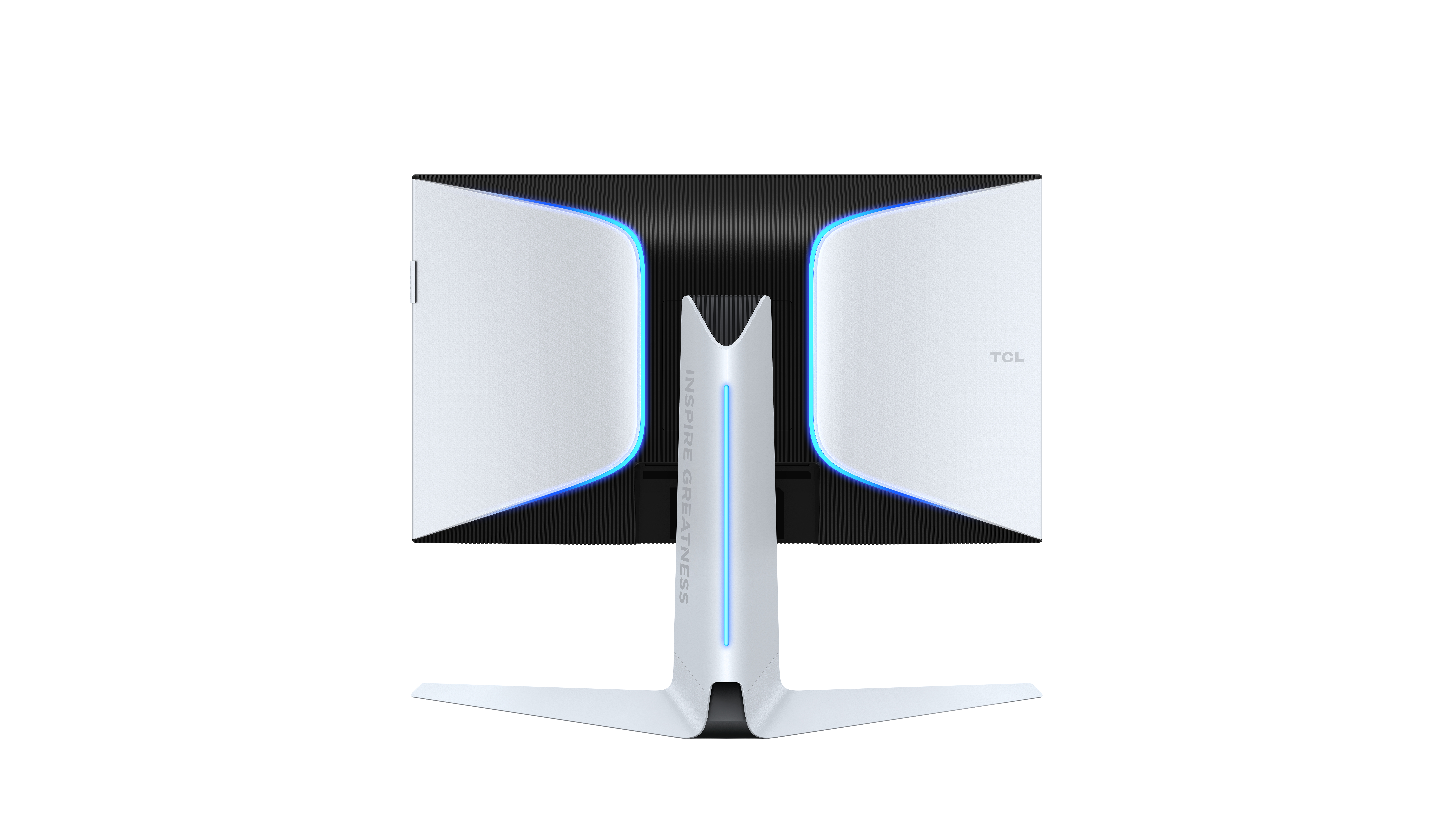 Widok z tyłu monitora TCL z białą ramką i niebieskim światłem na podstawie.