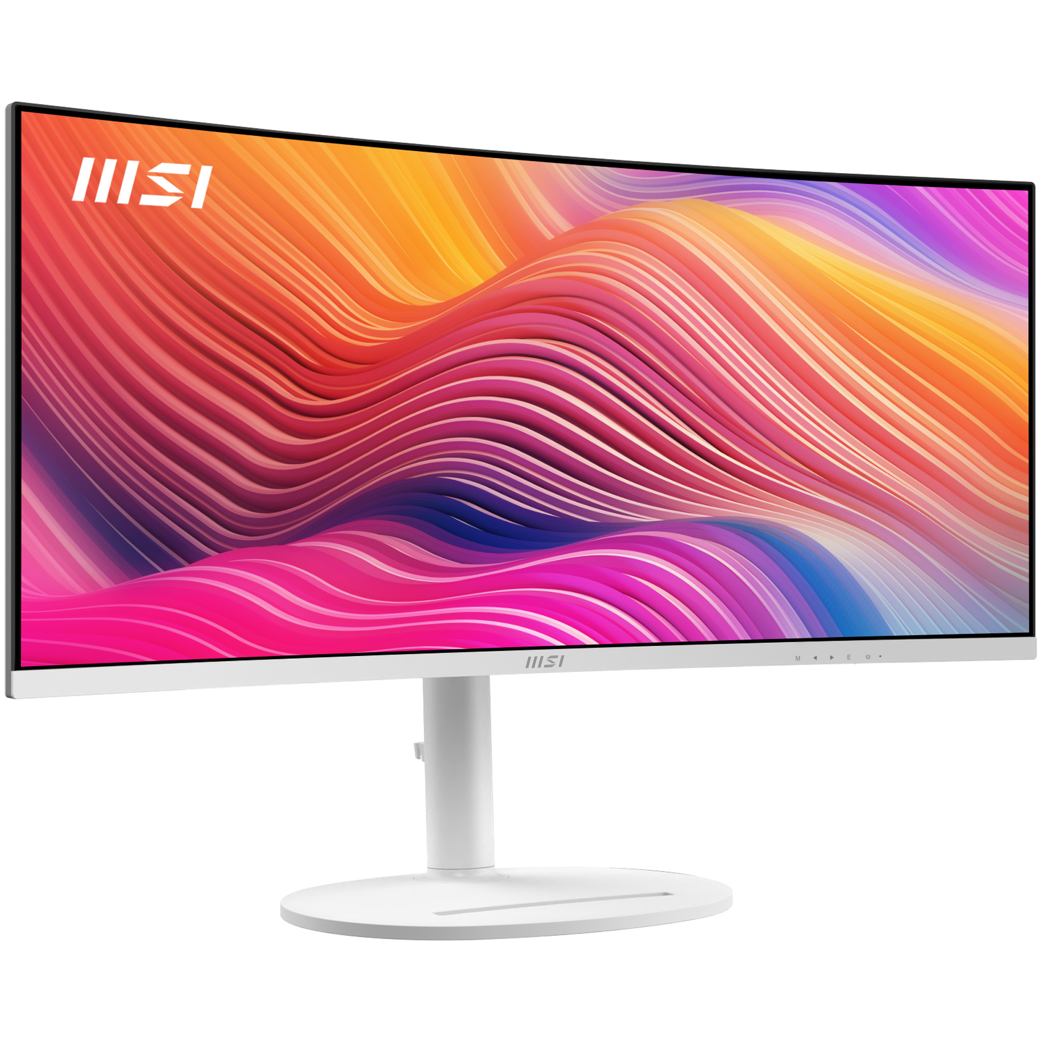 Monitor curvo MSI, marco blanco, que muestra obras de arte abstractas coloridas.
