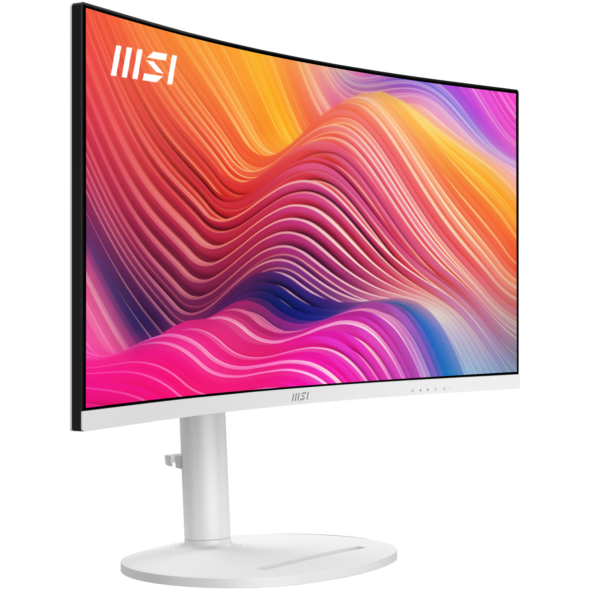 Monitor MSI curvo blanco, mostrando diseño abstracto colorido, sobre soporte blanco.