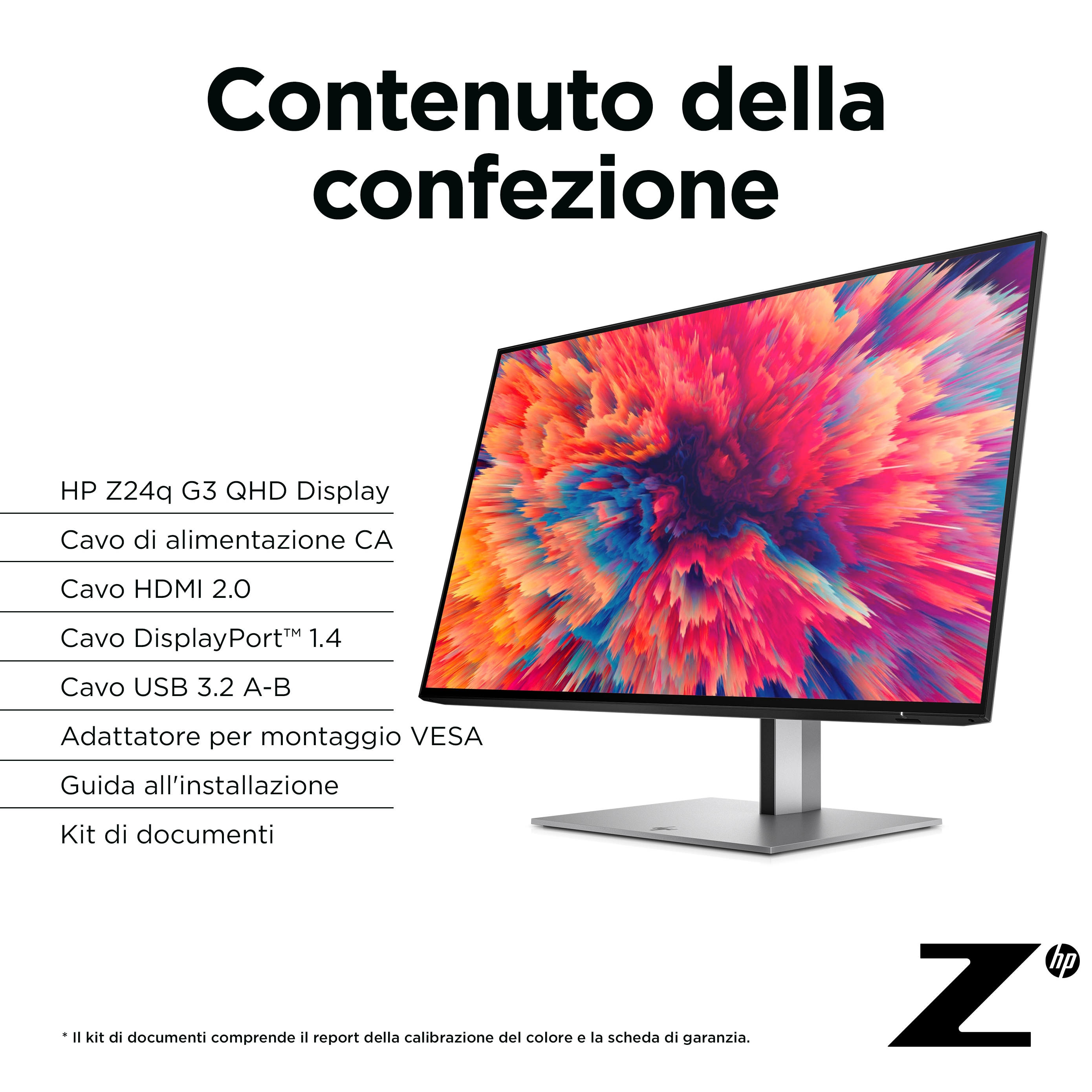 Contenuto della scatola del monitor HP. Include monitor, cavi e documenti. Supporto argentato.