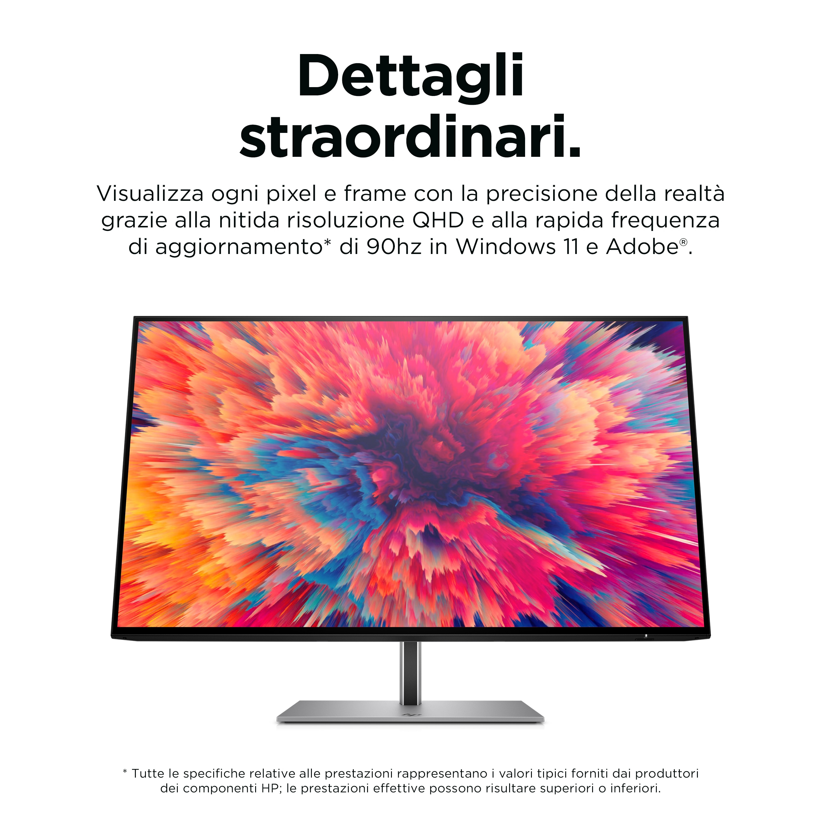 Un monitor mostra un'immagine astratta colorata. Testo sulla risoluzione QHD e 90Hz refresh.