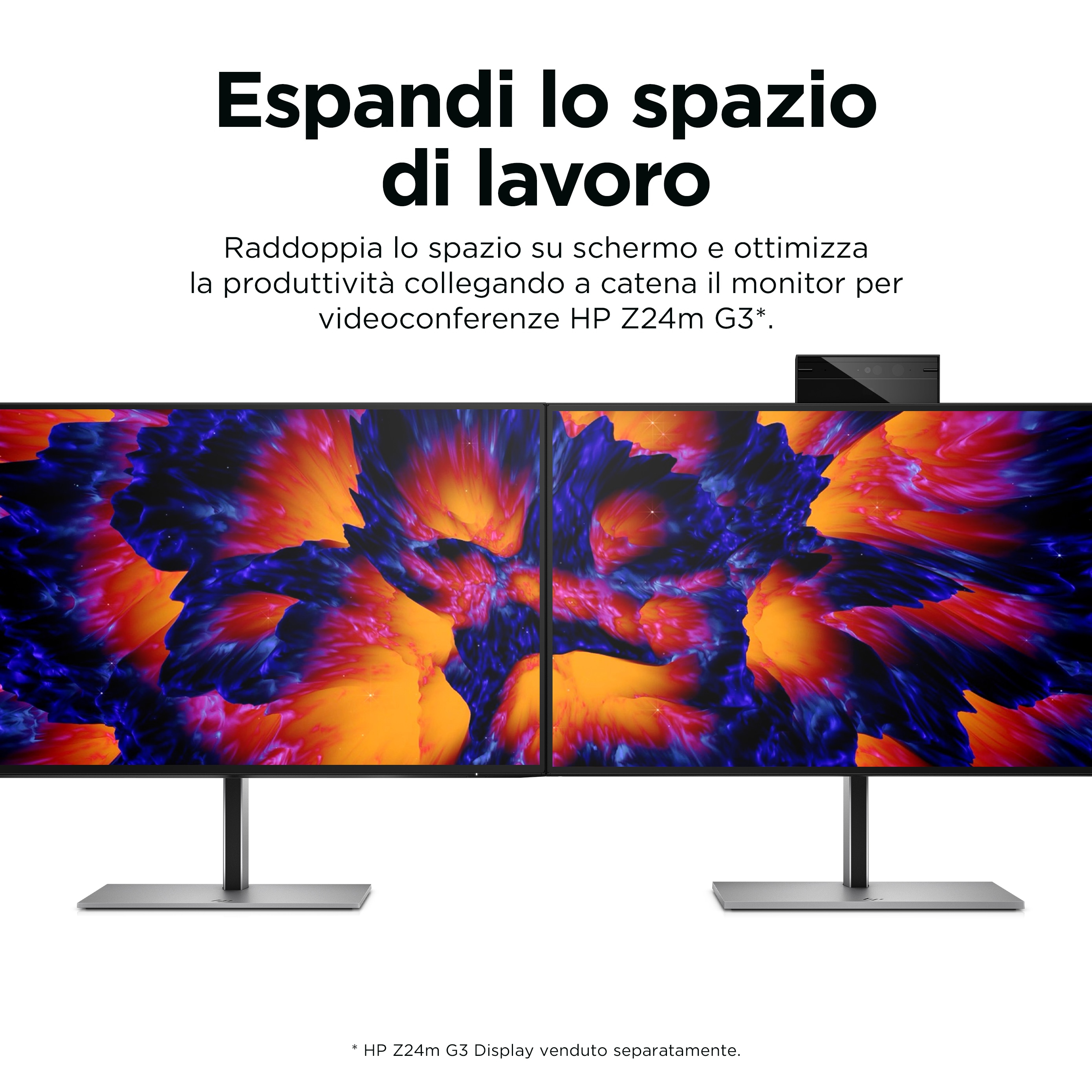Due monitor che mostrano un'arte astratta colorata. Supporto nero. Sfondo bianco.