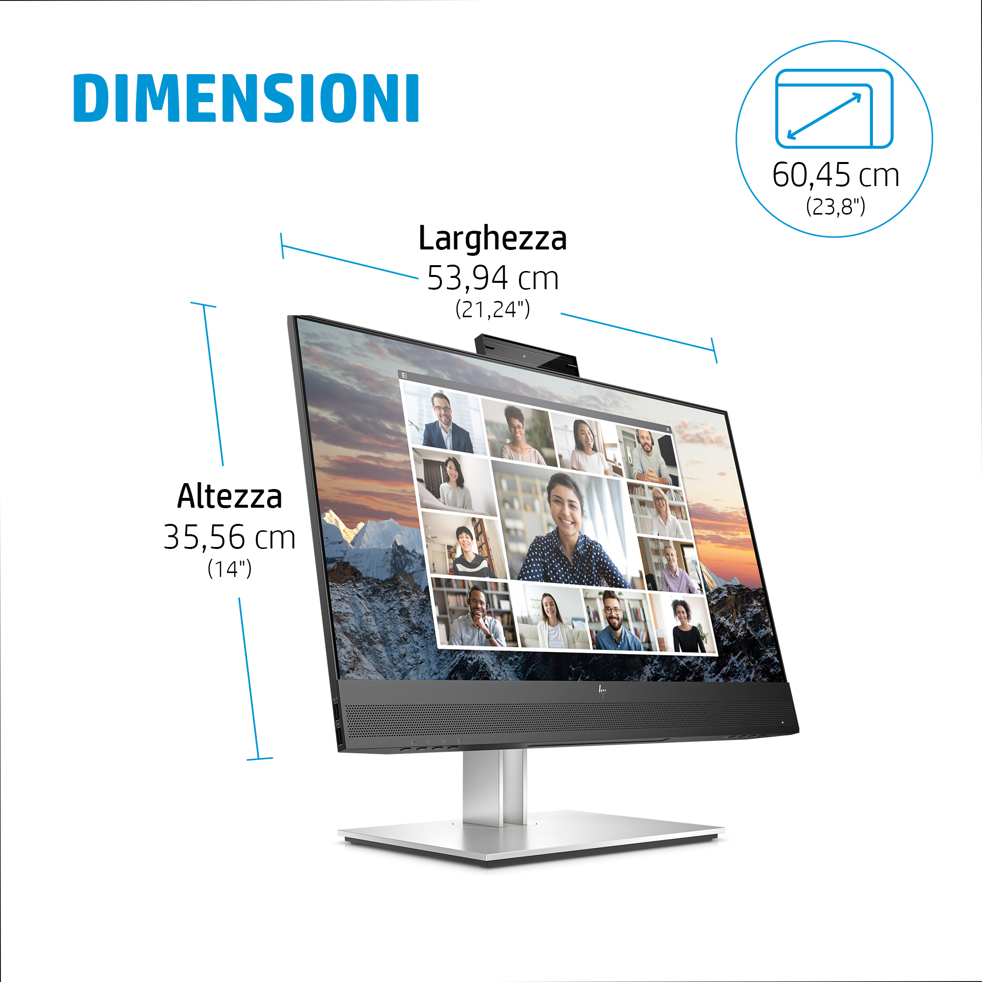 Un monitor que muestra una videollamada, con dimensiones y texto etiquetados en el lateral.