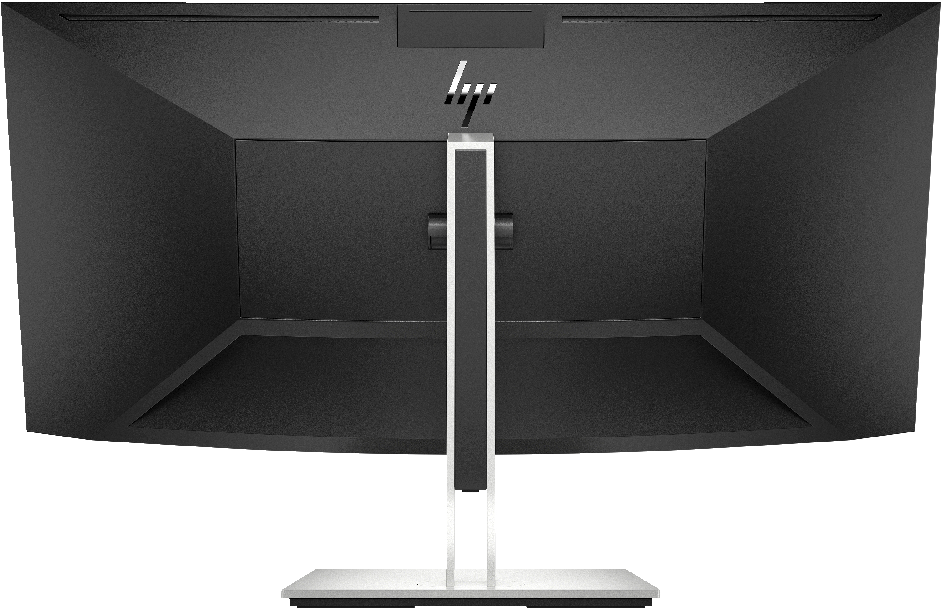 Tył monitora HP. Czarny i srebrny z logo HP i podstawą.