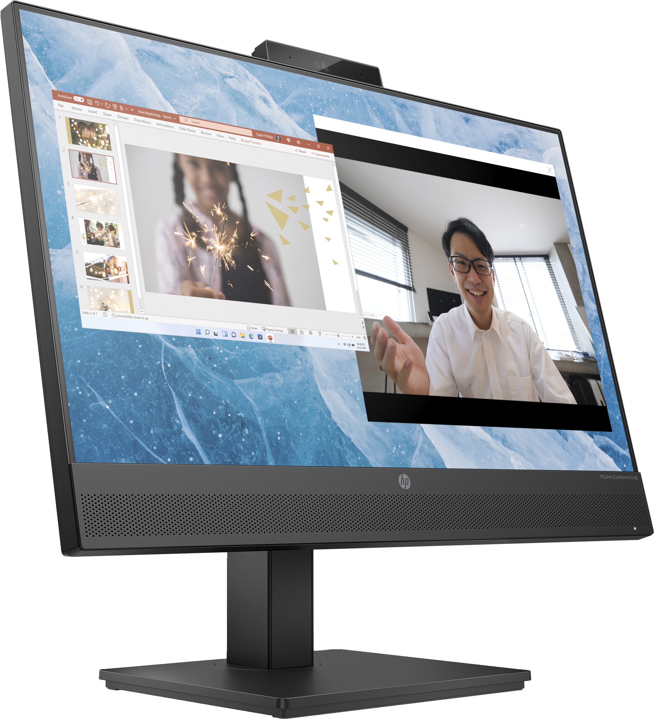 Un monitor muestra la vista lateral, cuerpo blanco y soporte blanco.