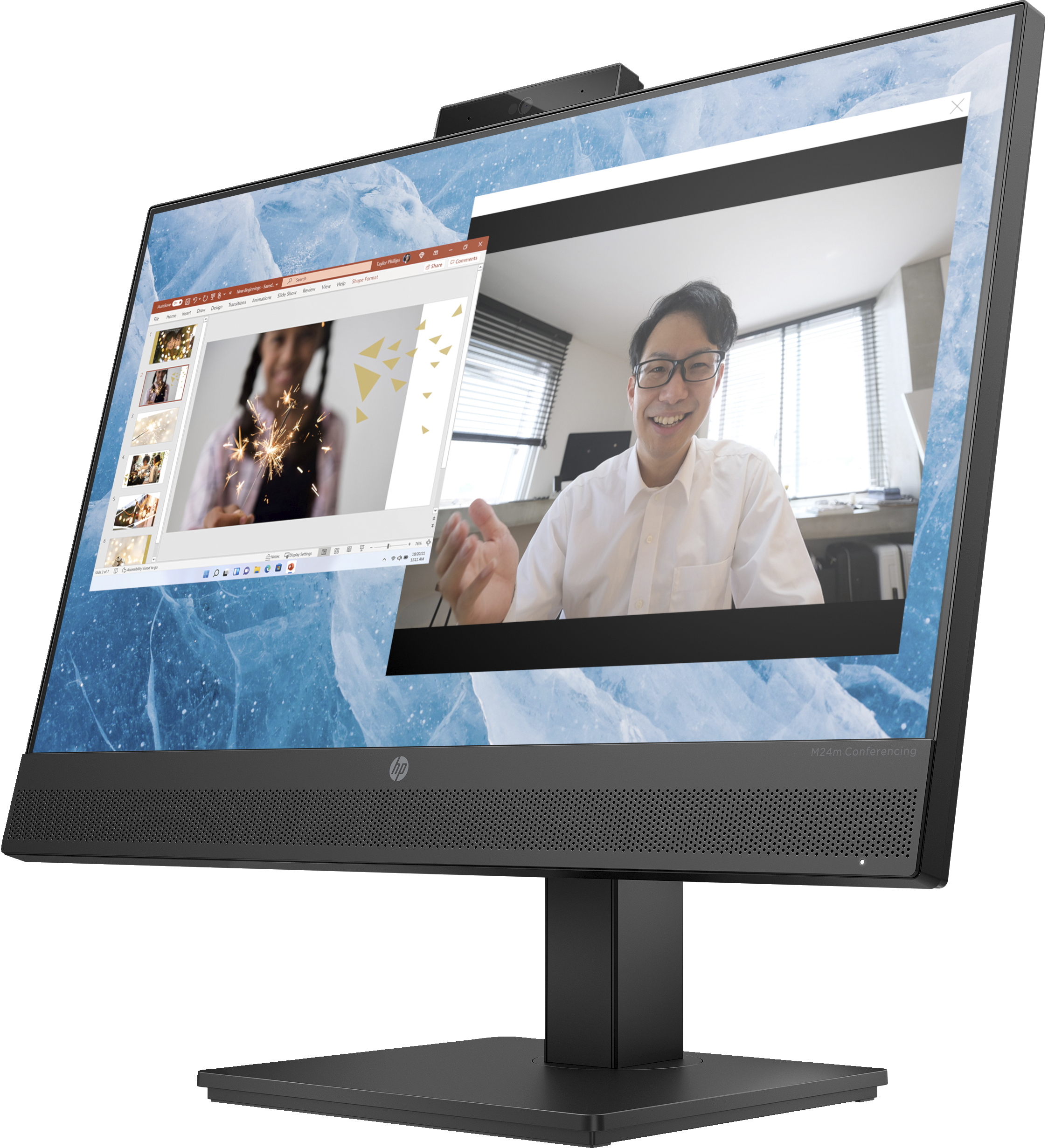 Monitor HP con videollamada en pantalla.