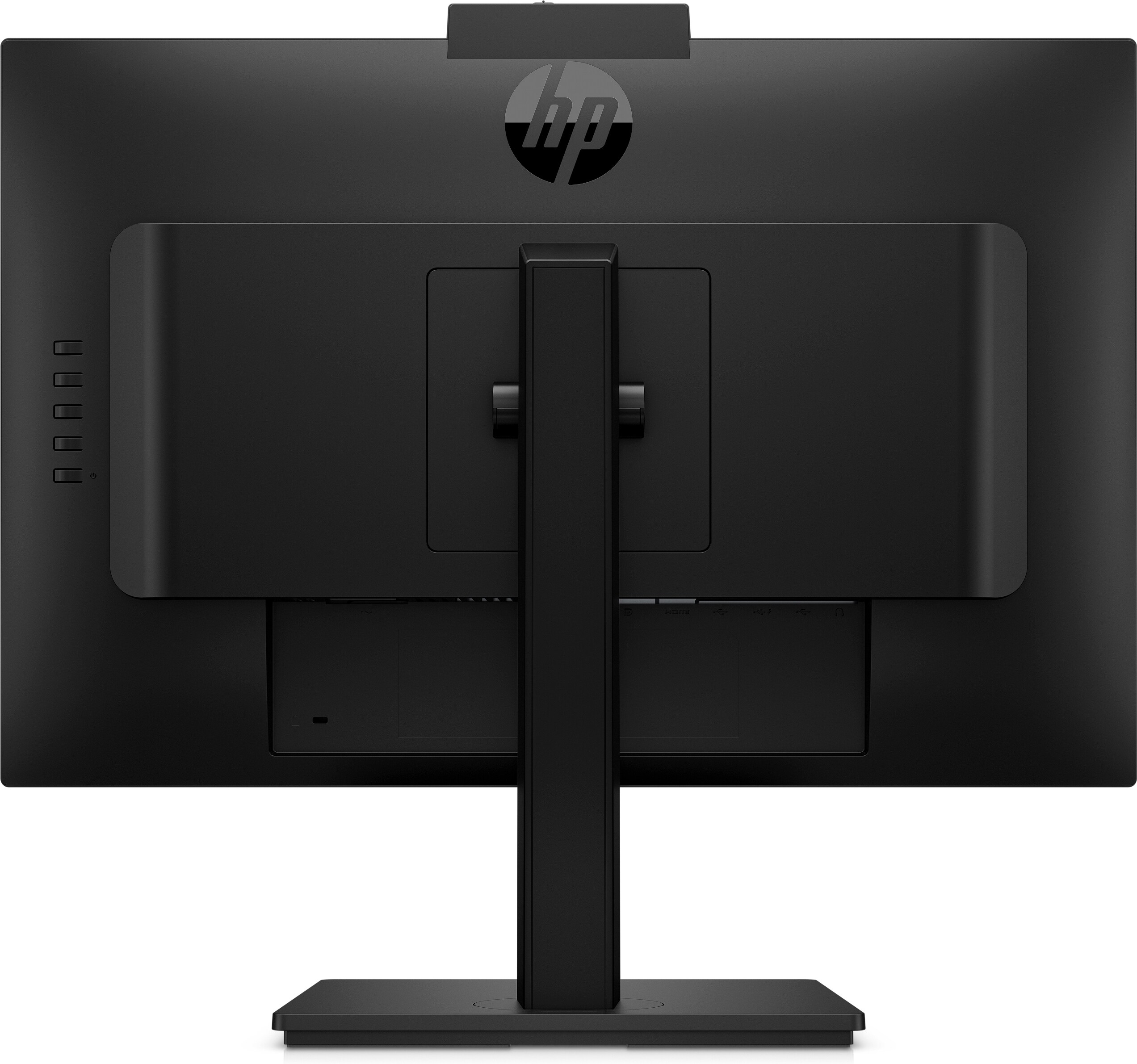 Parte trasera de un monitor HP negro con soporte, sobre un fondo blanco.