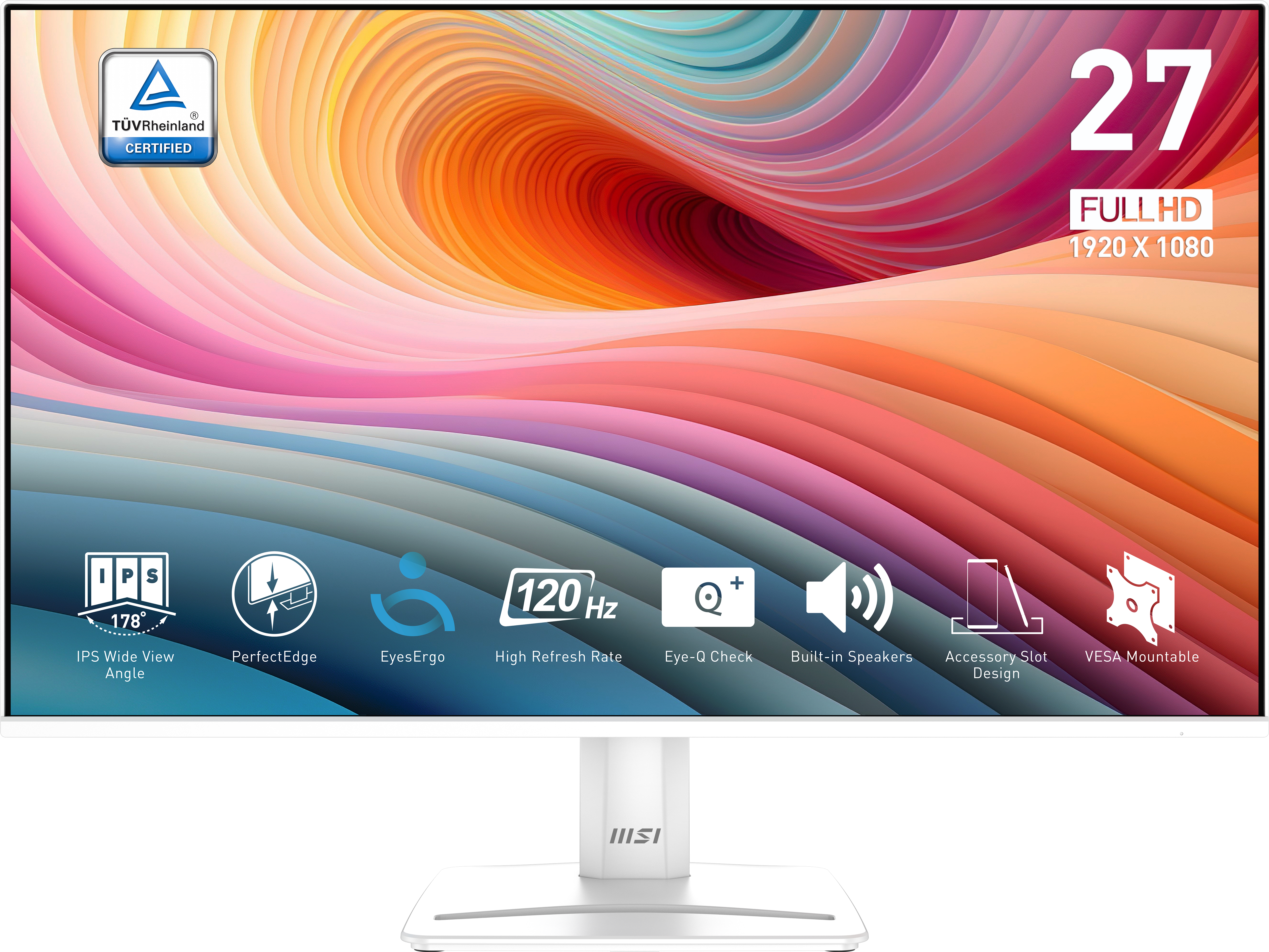 Monitor MSI blanco con fondo colorido, mostrando varias funciones.