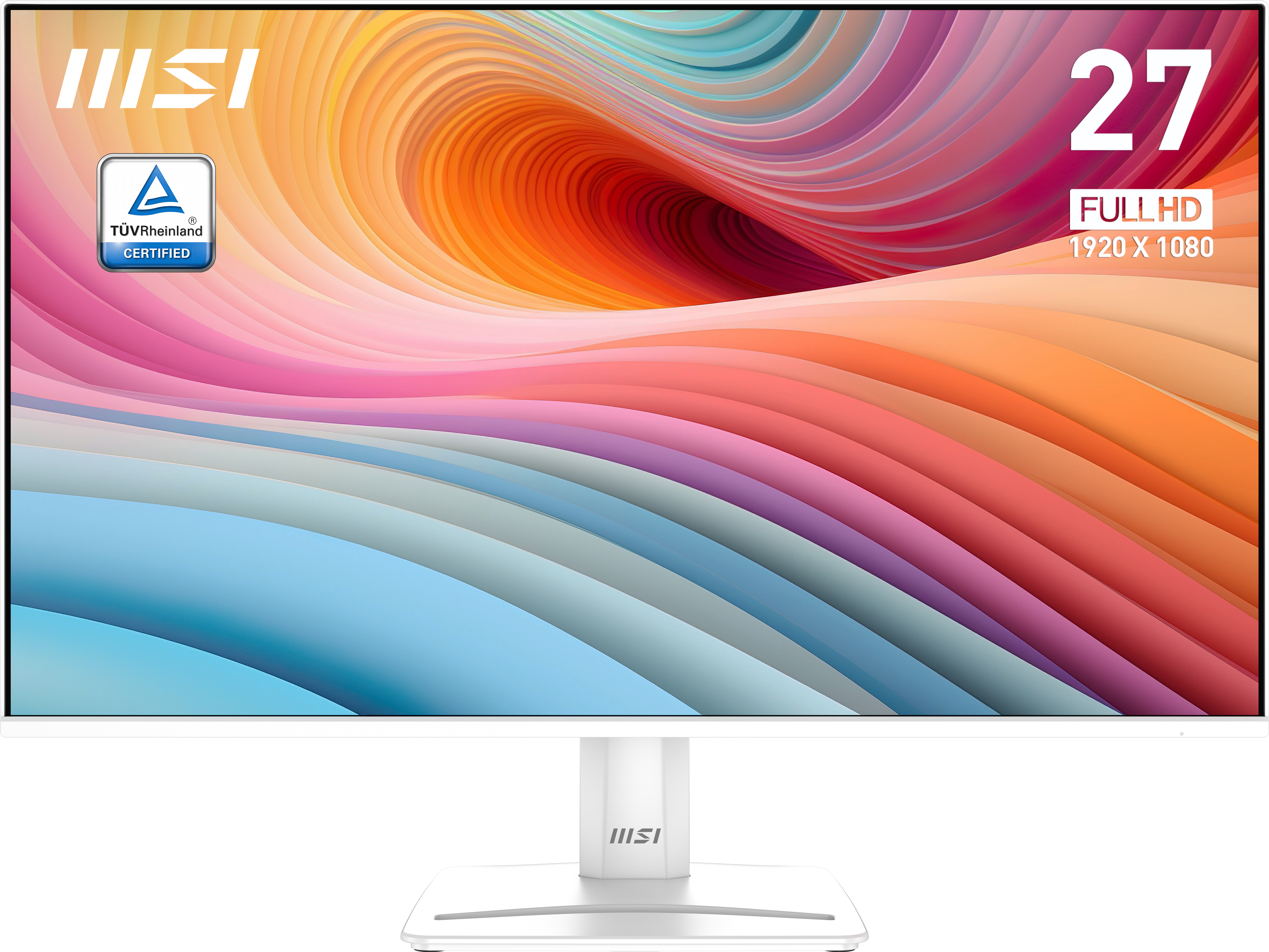 Monitor MSI de 27 pulgadas, mostrando un diseño abstracto colorido.