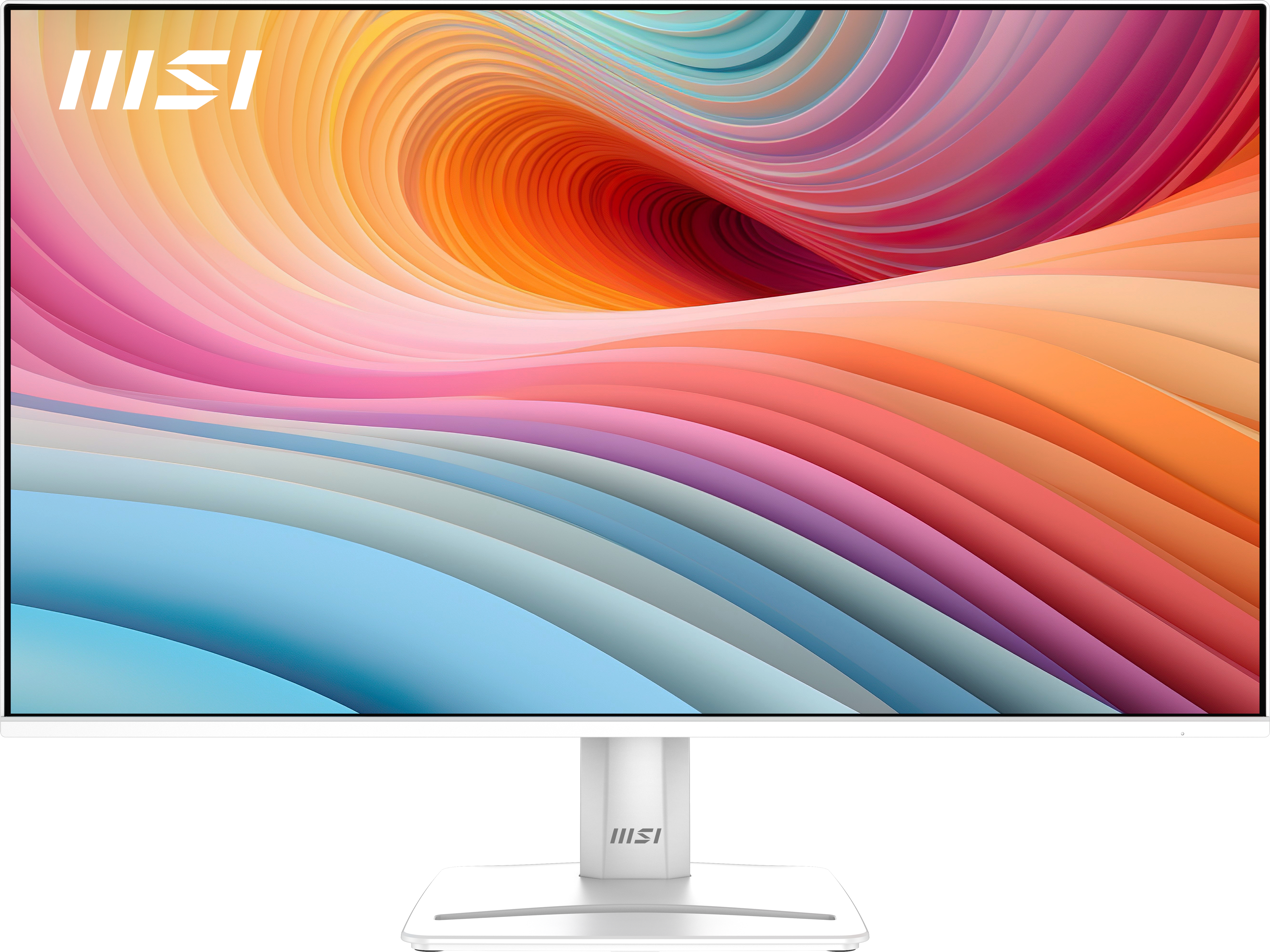 Vista frontal de un monitor MSI blanco mostrando un patrón abstracto colorido en la pantalla.