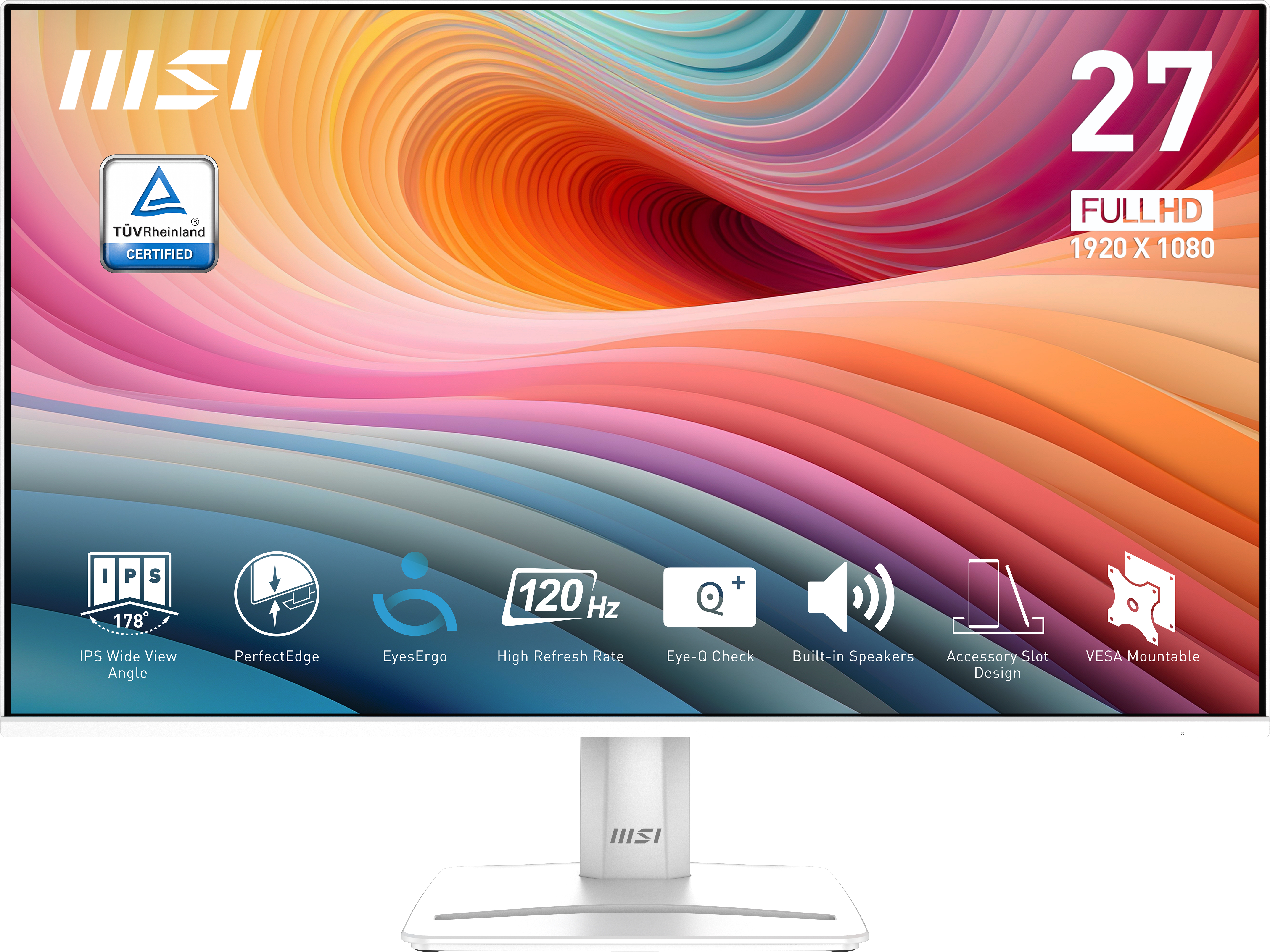 Un monitor MSI blanco de 27" con soporte blanco, mostrando información y logotipos.