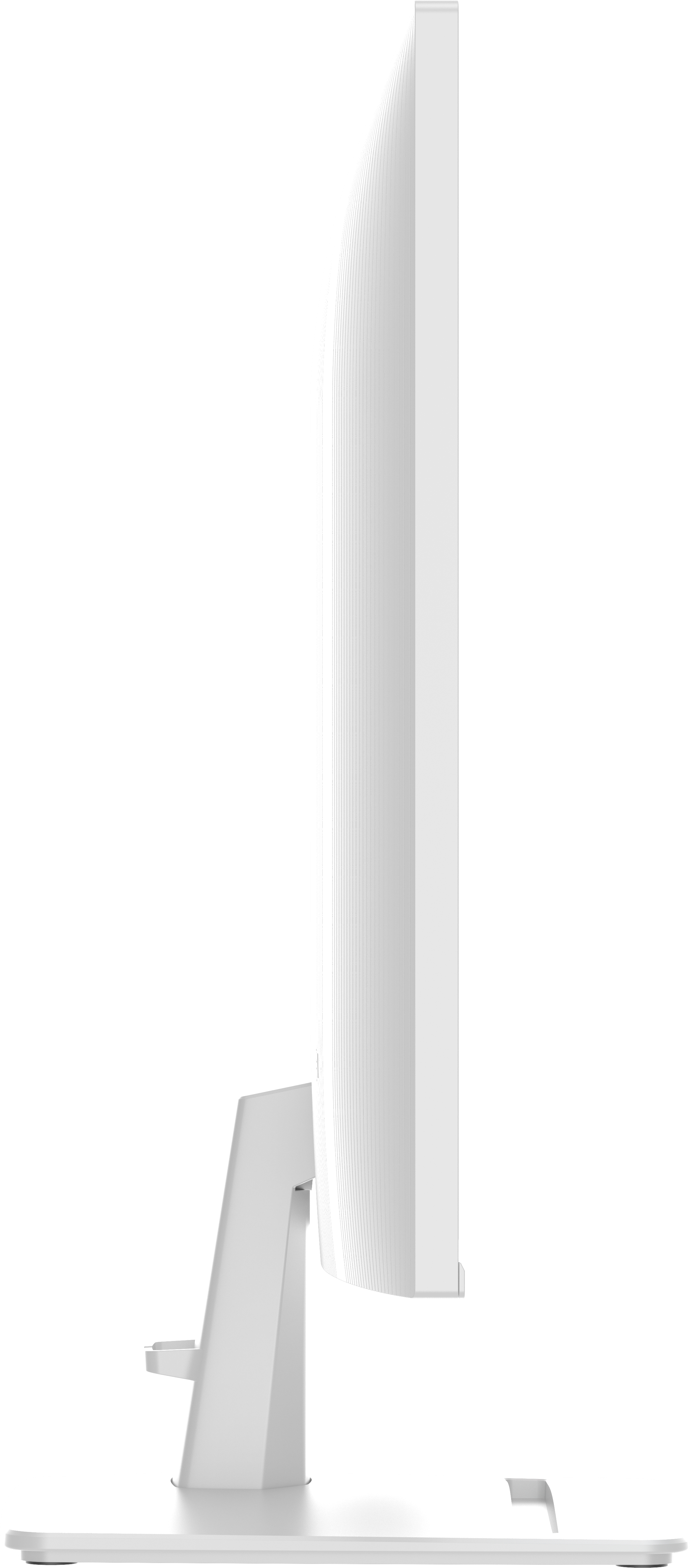 Vista lateral de un monitor blanco con soporte blanco. El diseño es limpio.