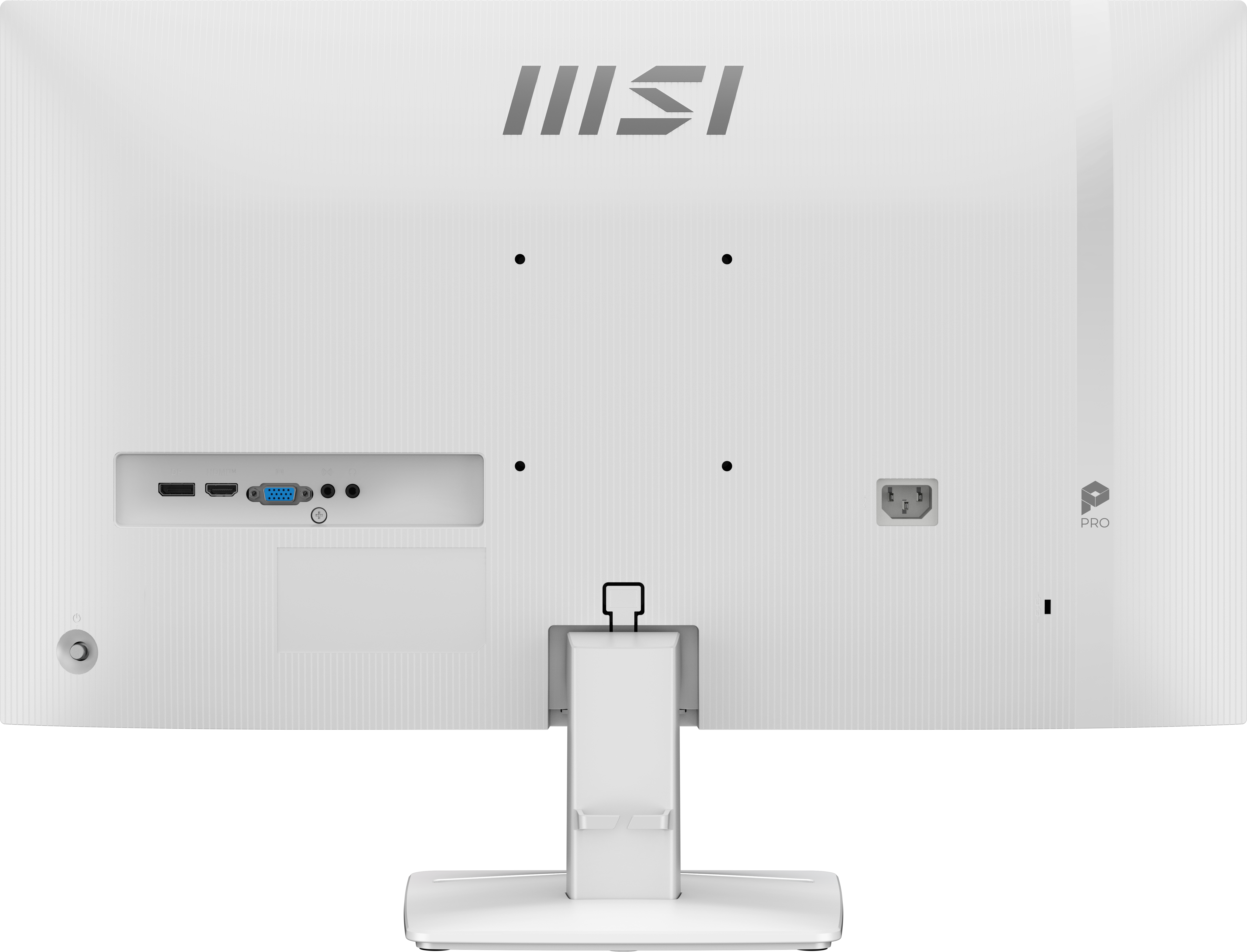 Parte trasera de un monitor MSI blanco. Puertos, soporte y el logotipo de MSI son visibles.