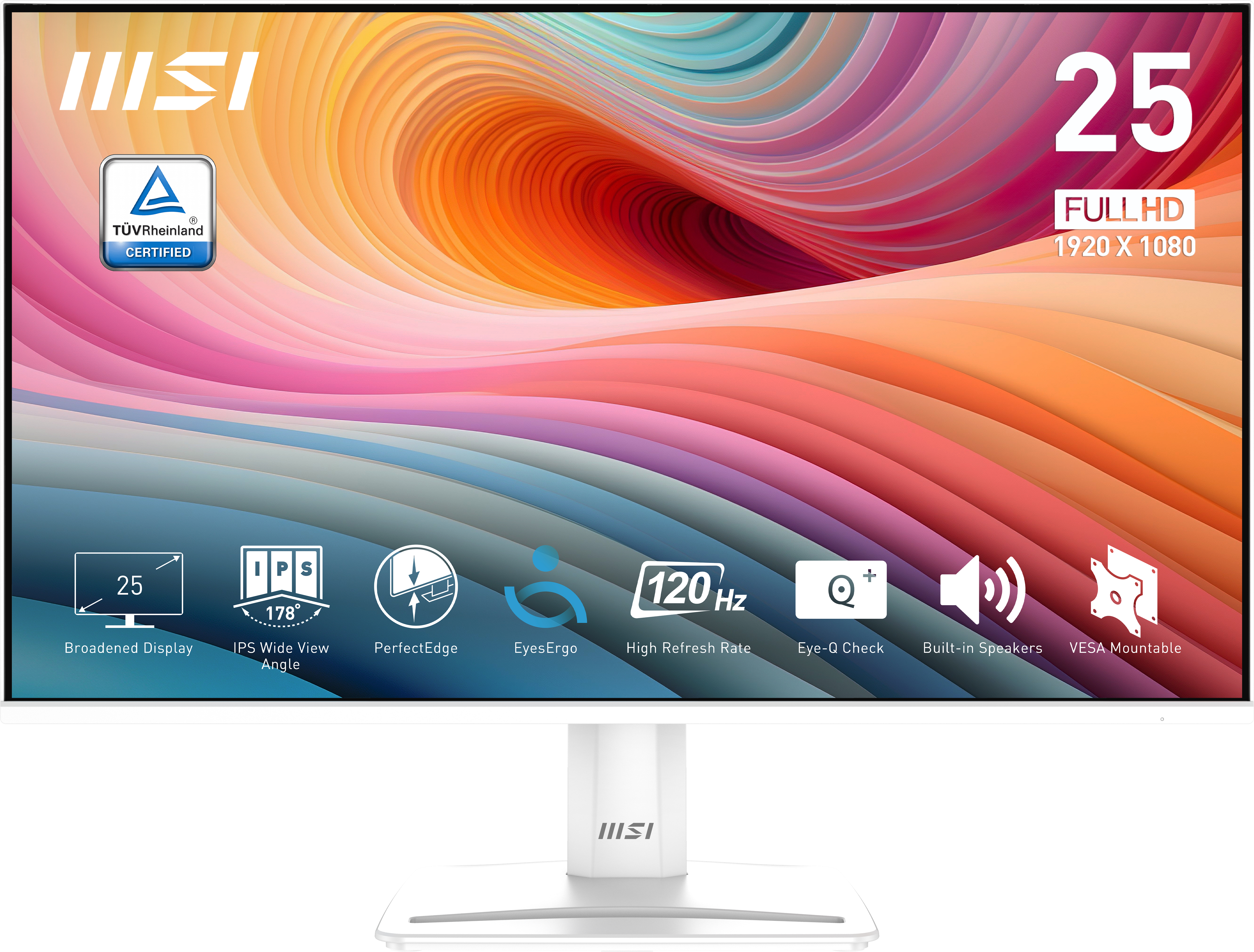 Monitor MSI blanco con fondo colorido e iconos variados.