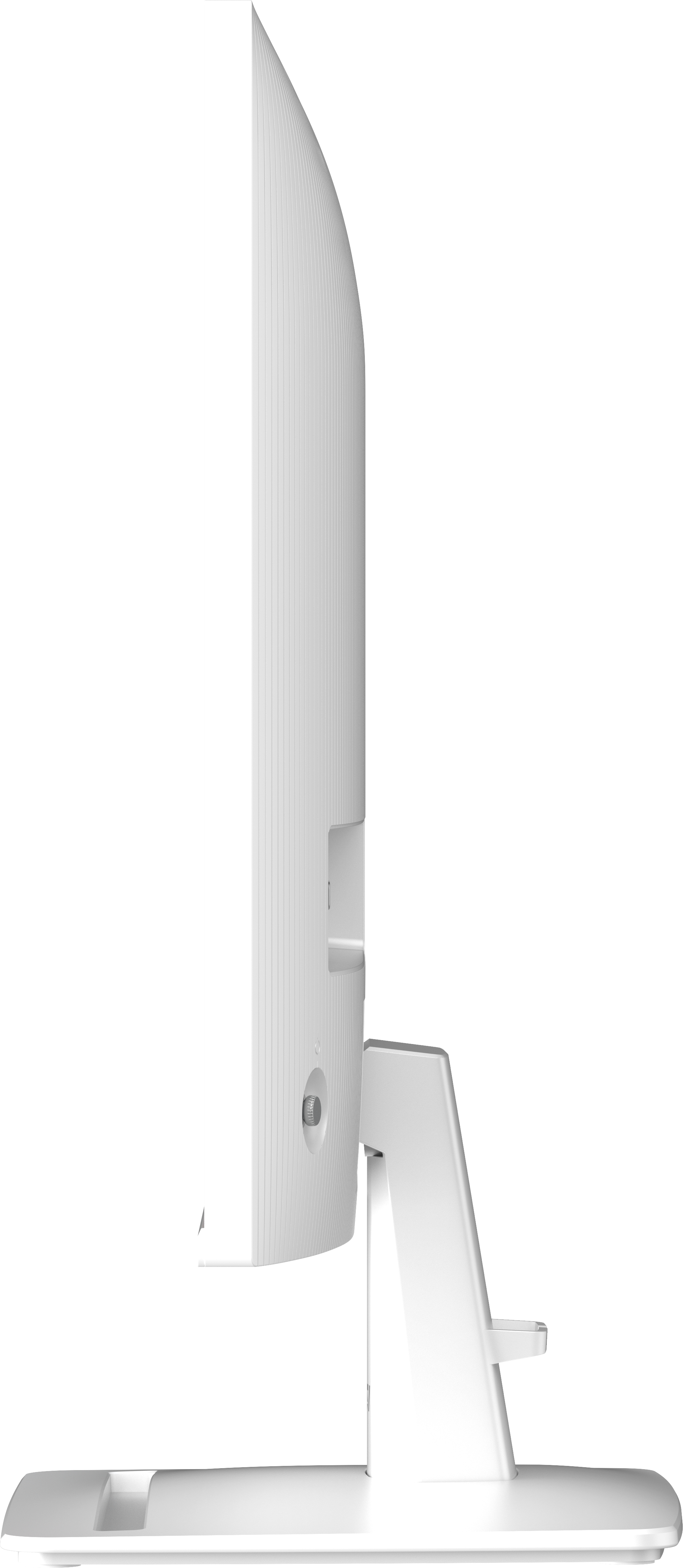 Un monitor blanco visto de lado, mostrando su forma curva y soporte.