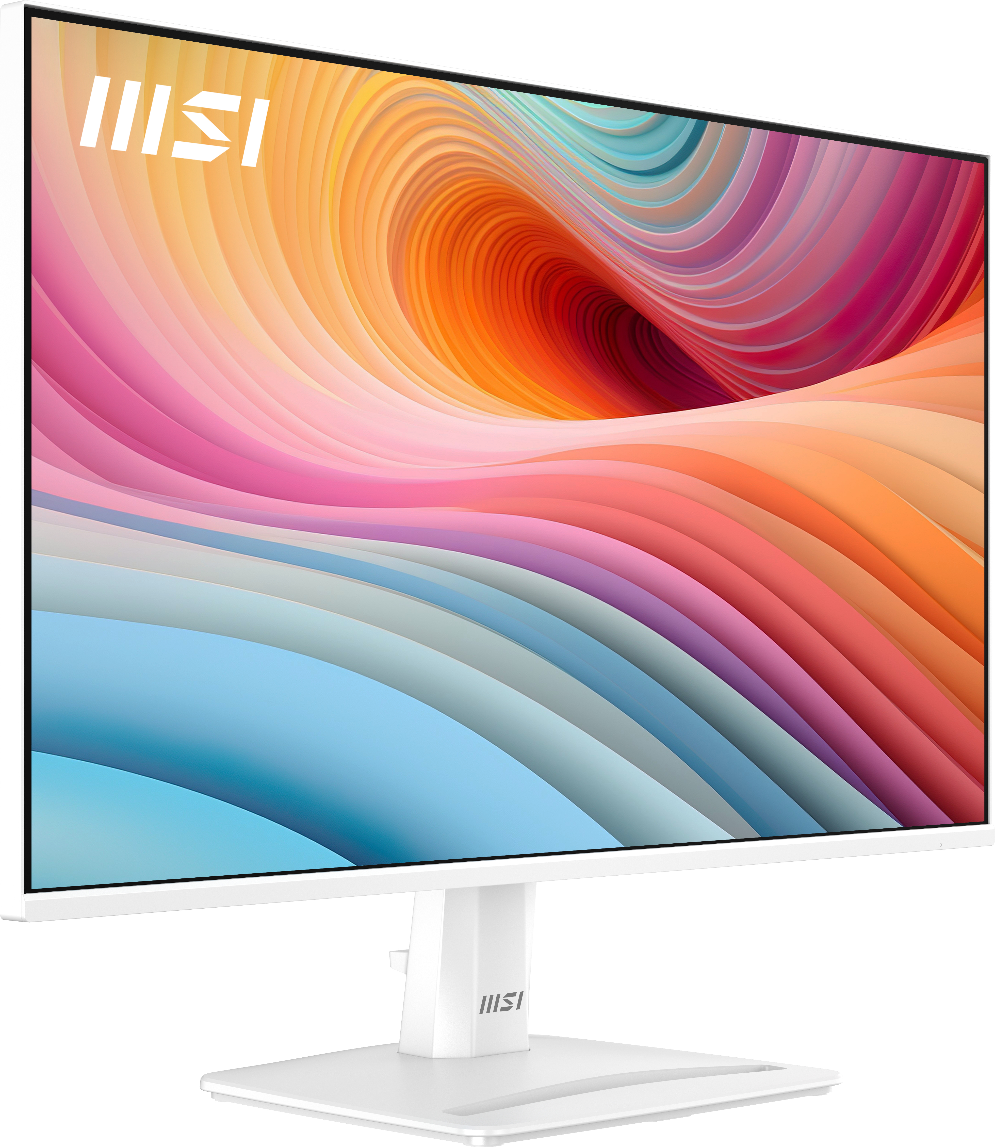 Un monitor blanco con un fondo abstracto colorido. Logo MSI abajo.