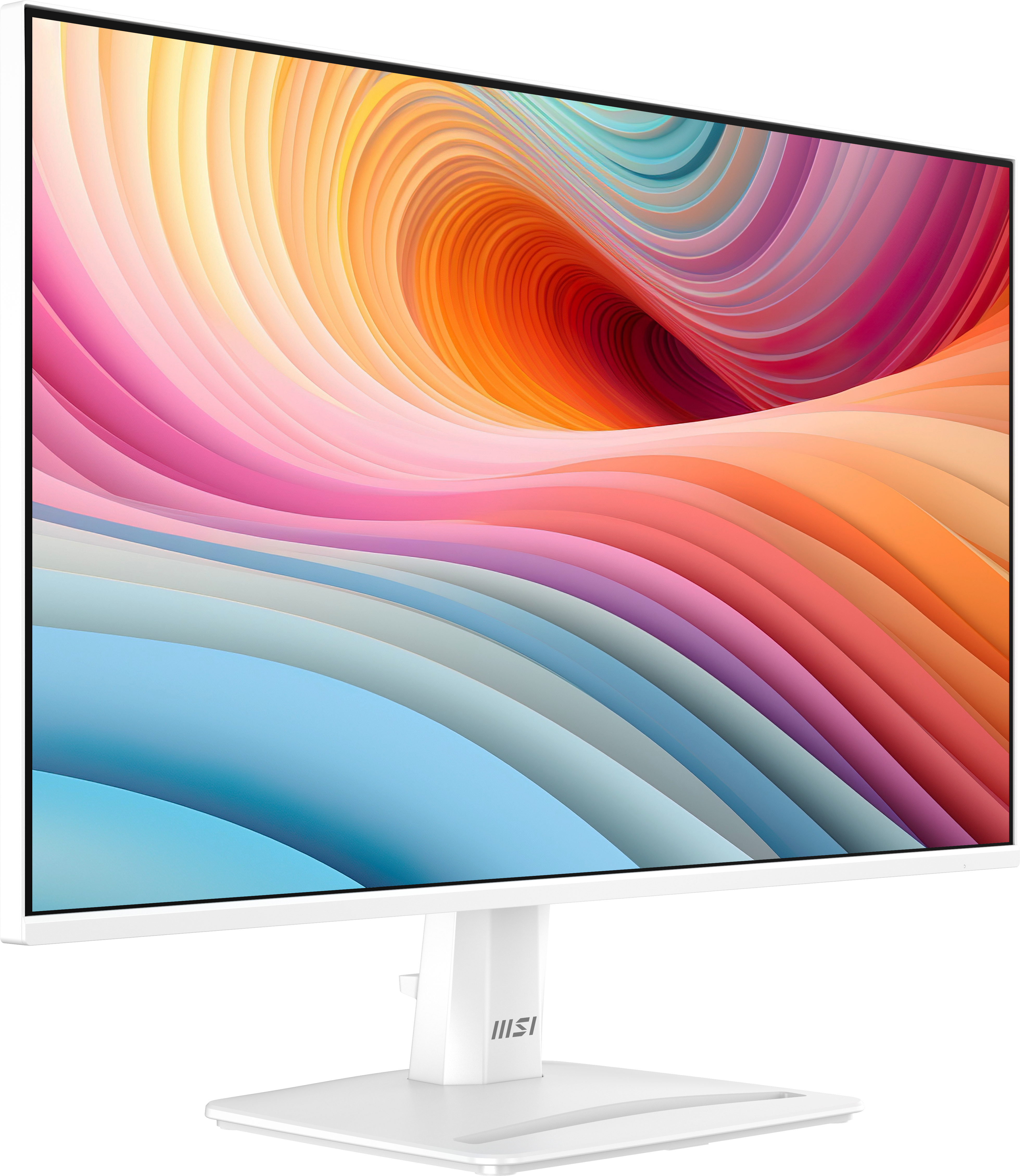 Monitor blanco con soporte, muestra un fondo abstracto y colorido.