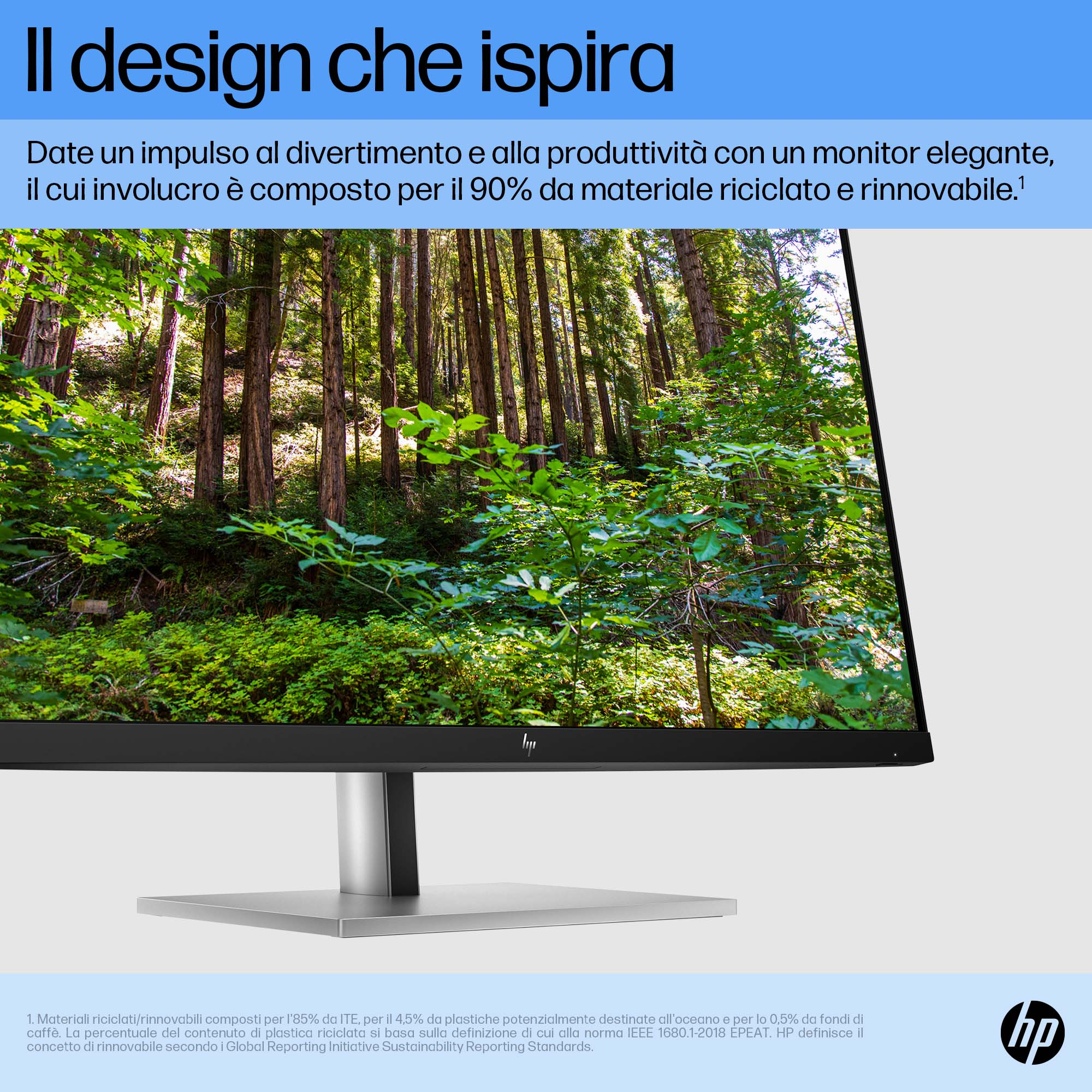 Computer-Monitor zeigt Waldszene, wirbt mit Recyclingmaterialien im Design.