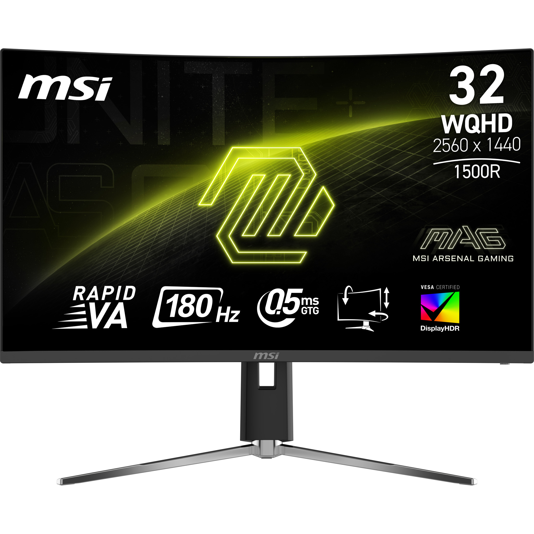 Zakrzywiony monitor MSI z tekstem, w tym WQHD, 180Hz, 0,5ms i MSI Arsenal Gaming.