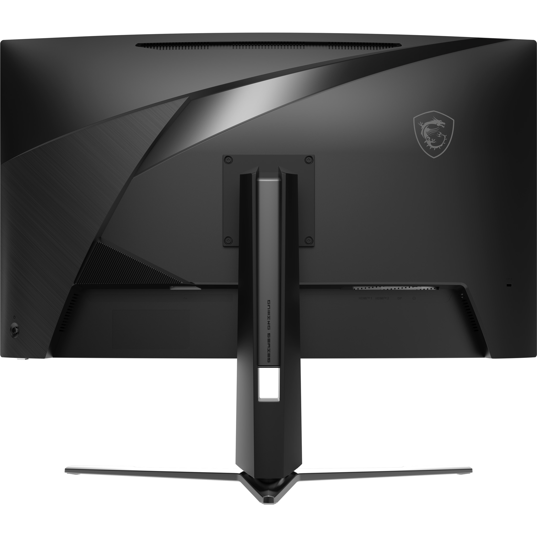 Tył czarnego monitora z logo MSI i portami na dole.