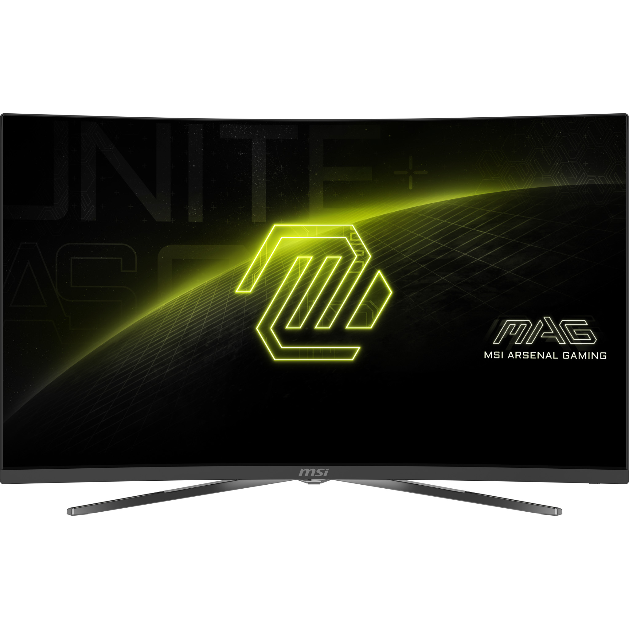 Zakrzywiony czarny monitor wyświetla neonowe logo z tekstem MAG, MSI ARSENAL GAMING i MSI.