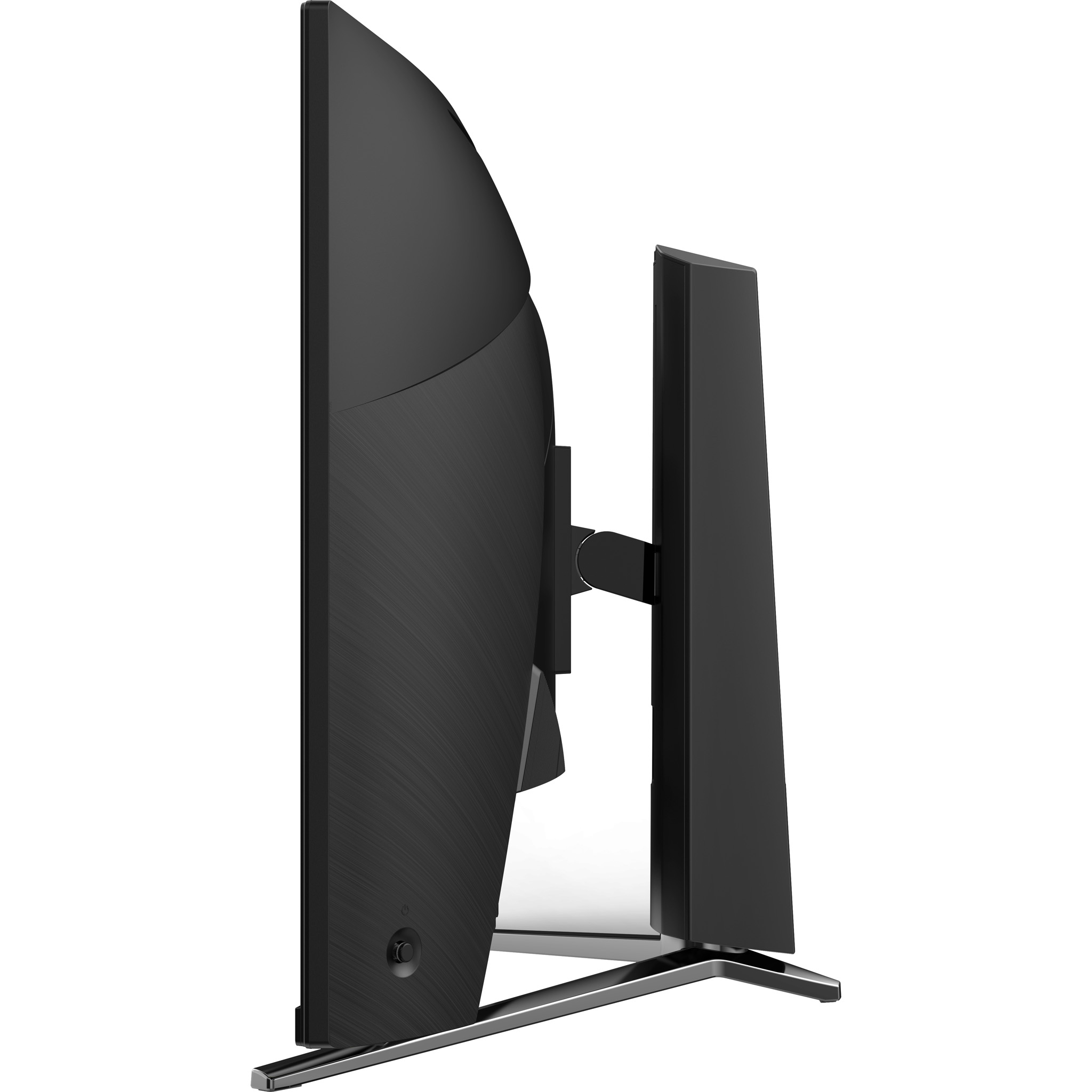 Czarny monitor z boku, pokazujący zakrzywiony kształt i podstawę.