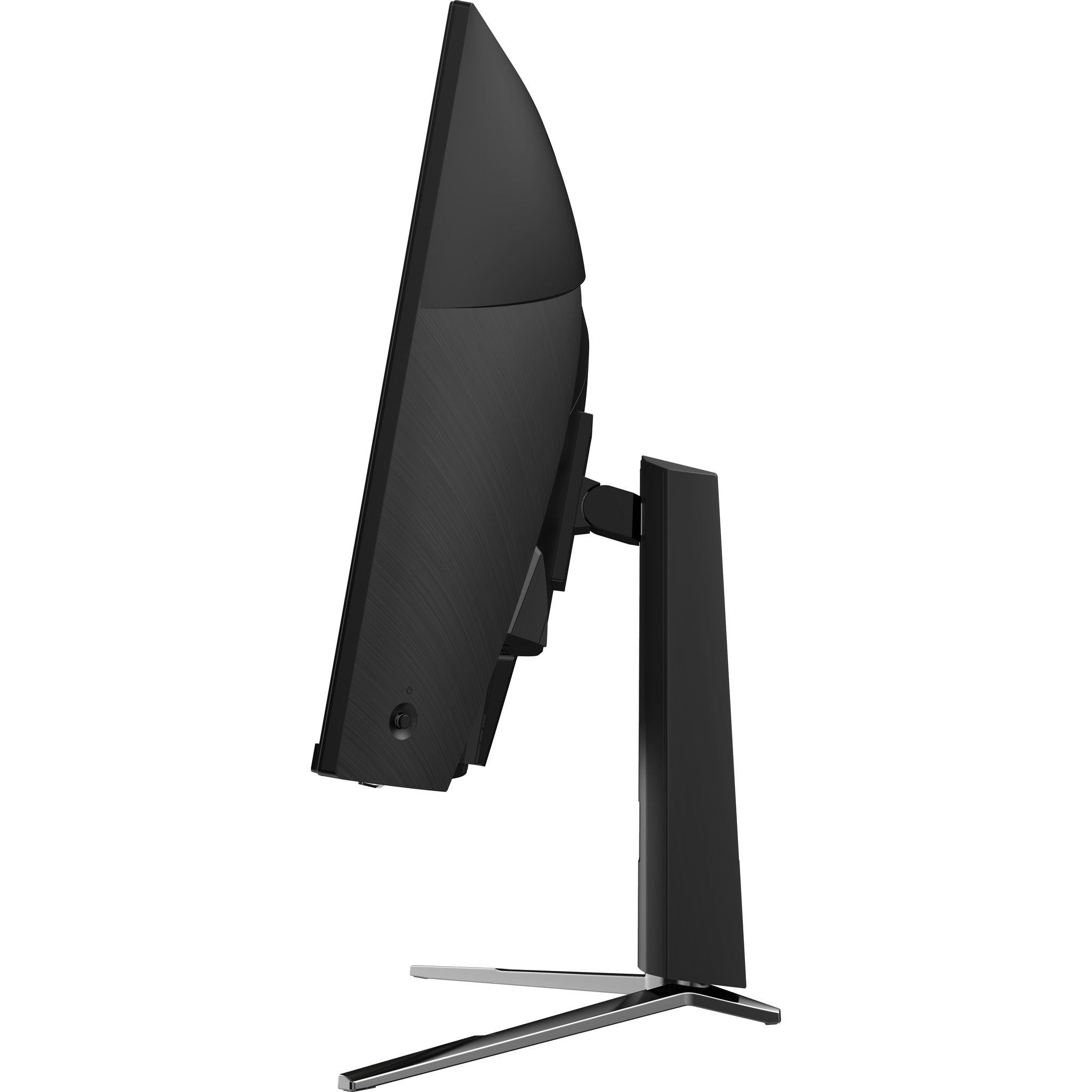 Czarny monitor z czarną podstawą, widok z boku na białym tle.