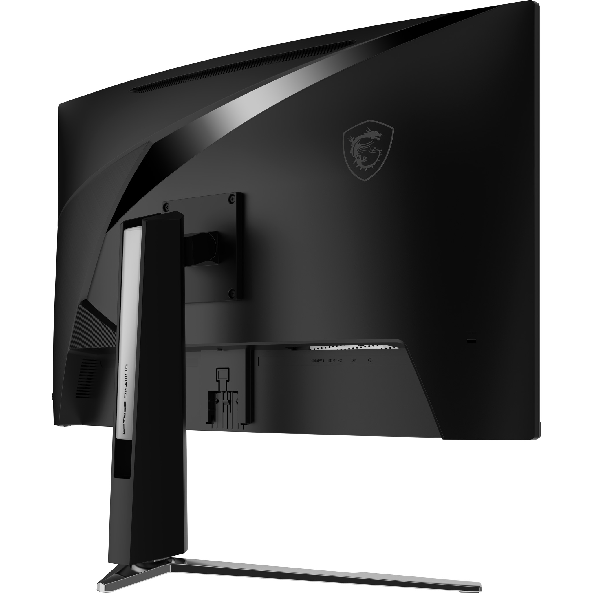 Tył monitora MSI. Czarny, z logo MSI i kilkoma portami.