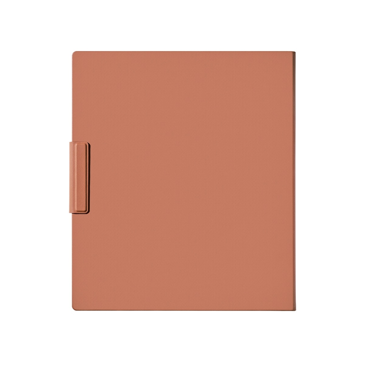 Una porta chiusa, rettangolare, marrone rossiccio con una maniglia coordinata.