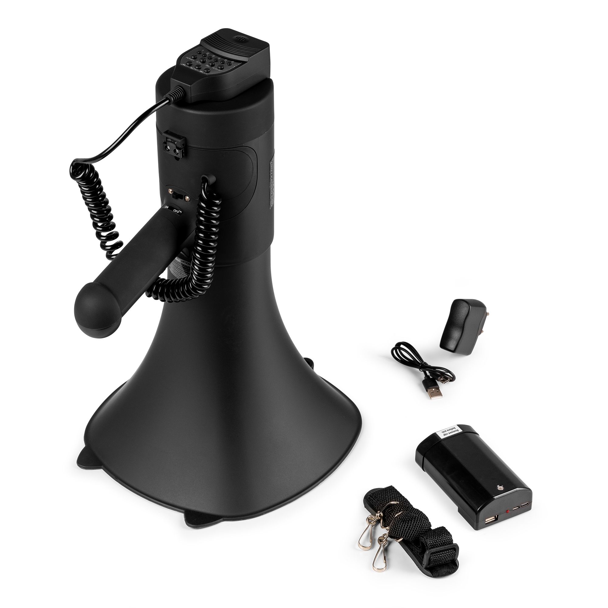 Zwarte megafoon met knoppen, microfoon en accessoires.