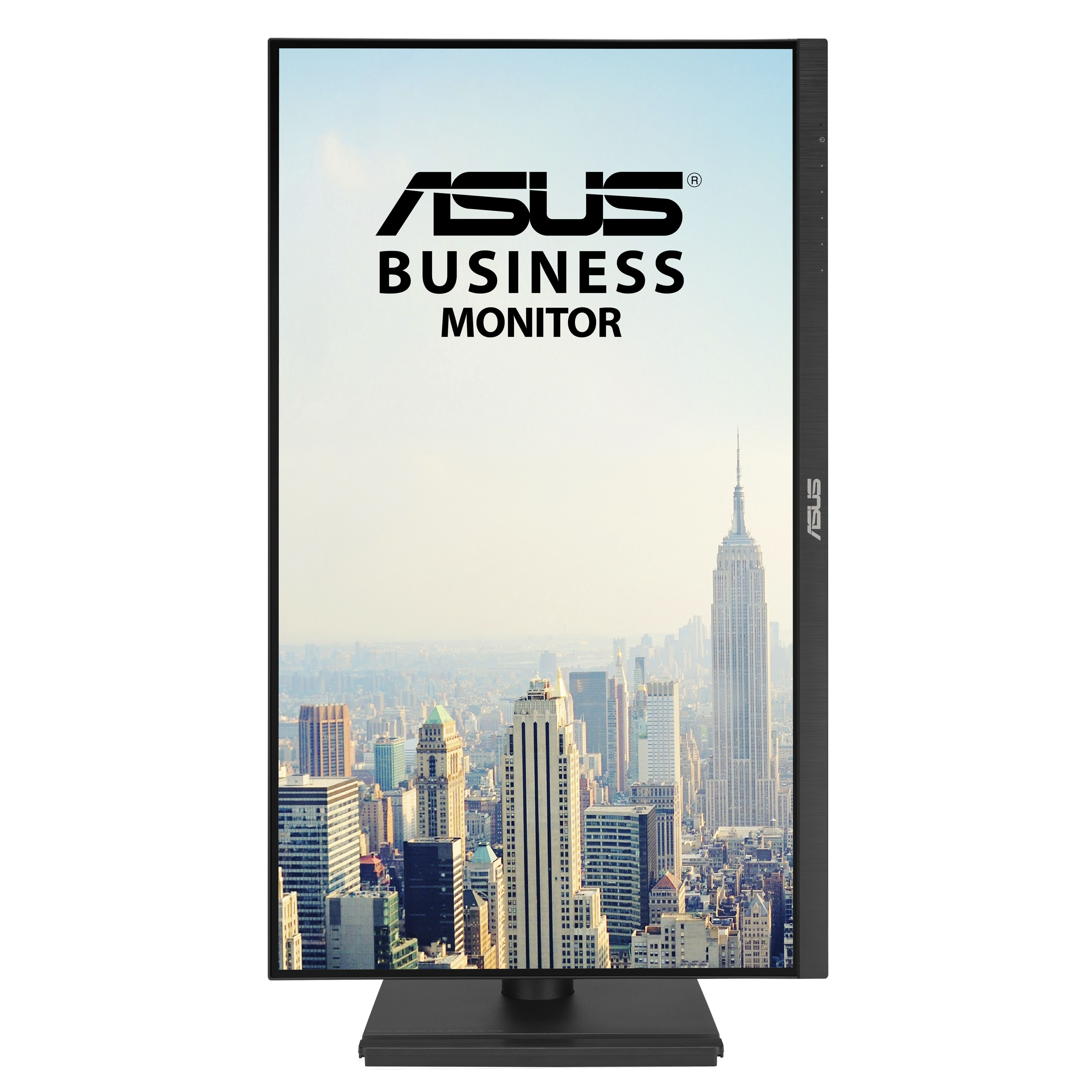 Monitor ASUS Business, wyświetlający panoramę miasta i logo ASUS.