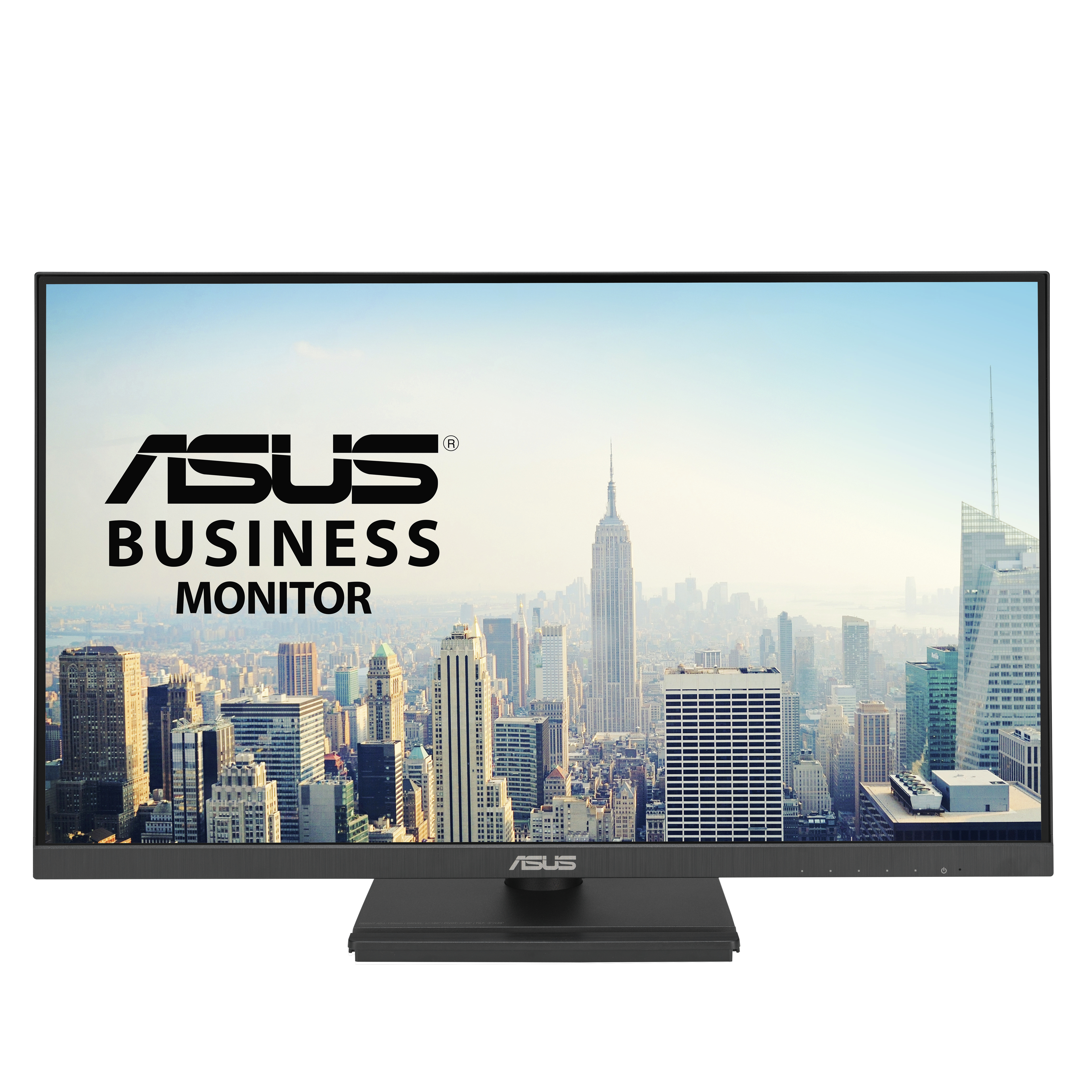 Monitor ASUS Business wyświetlający panoramę miasta, czarna podstawa, na białym tle.