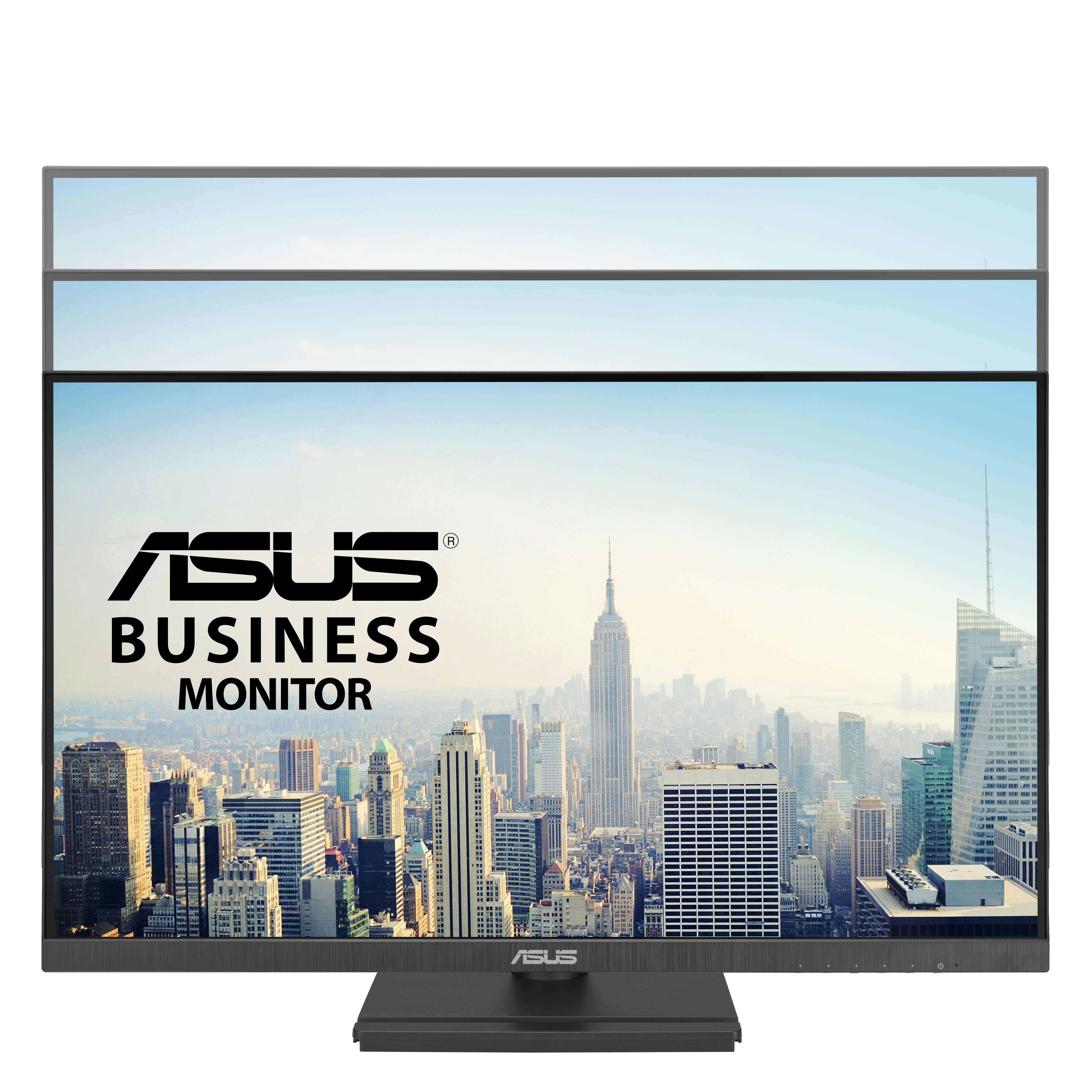 Monitor Asus Business z tłem w postaci panoramy miasta.