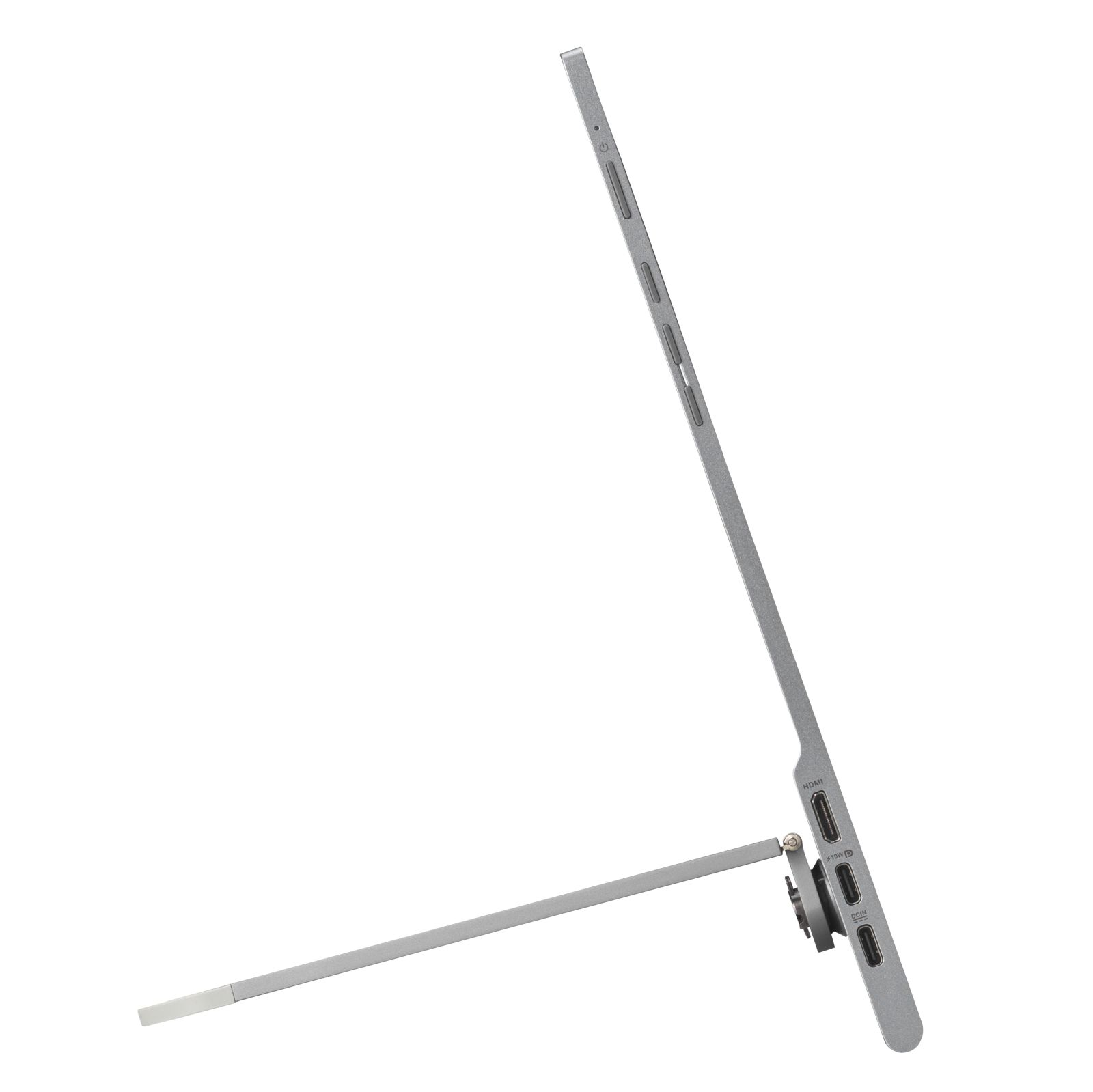 Srebrzysty tablet lub laptop z podstawką, ustawiony pod kątem, aby pokazać porty z boku.