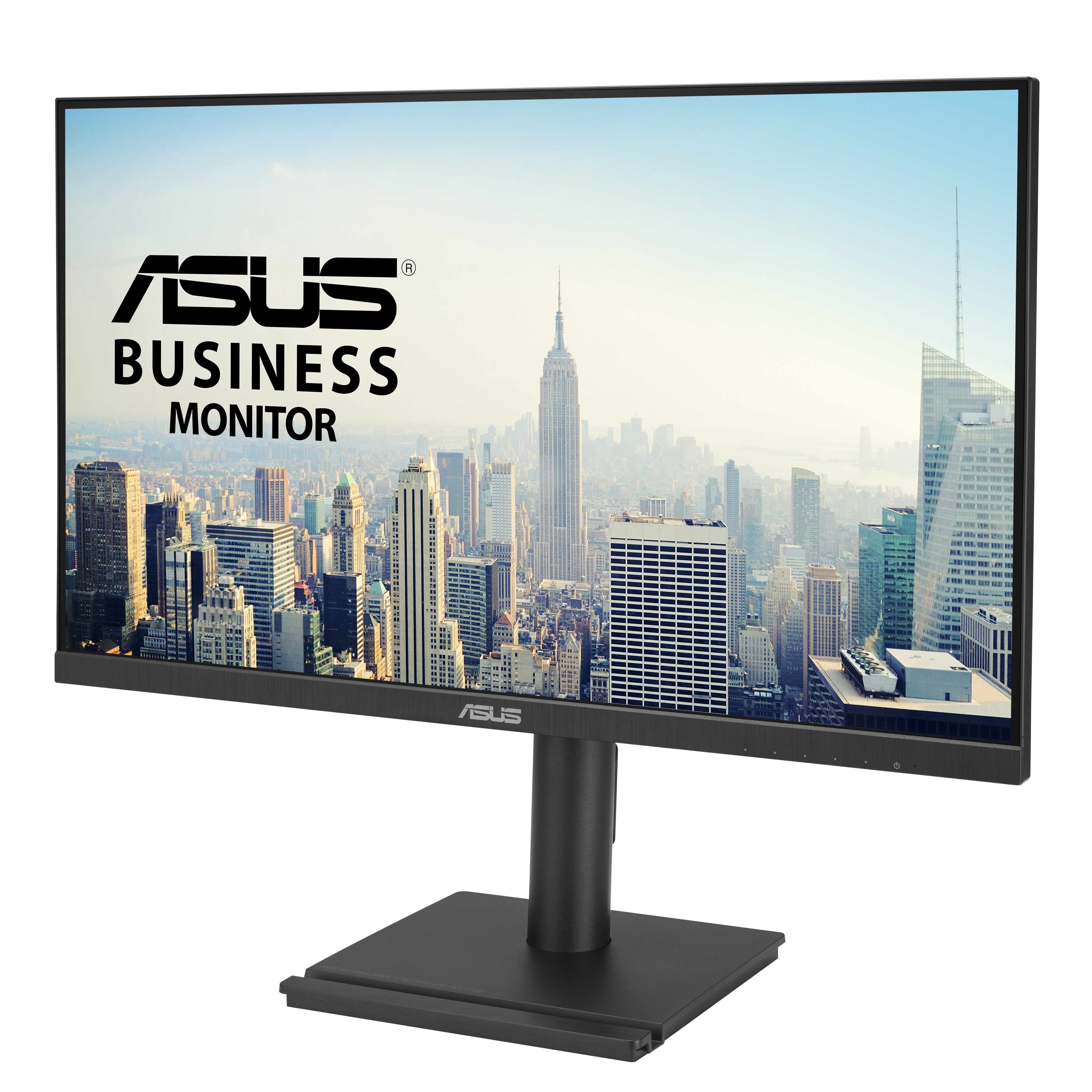 Monitor ASUS wyświetla panoramę miasta z logo firmy.