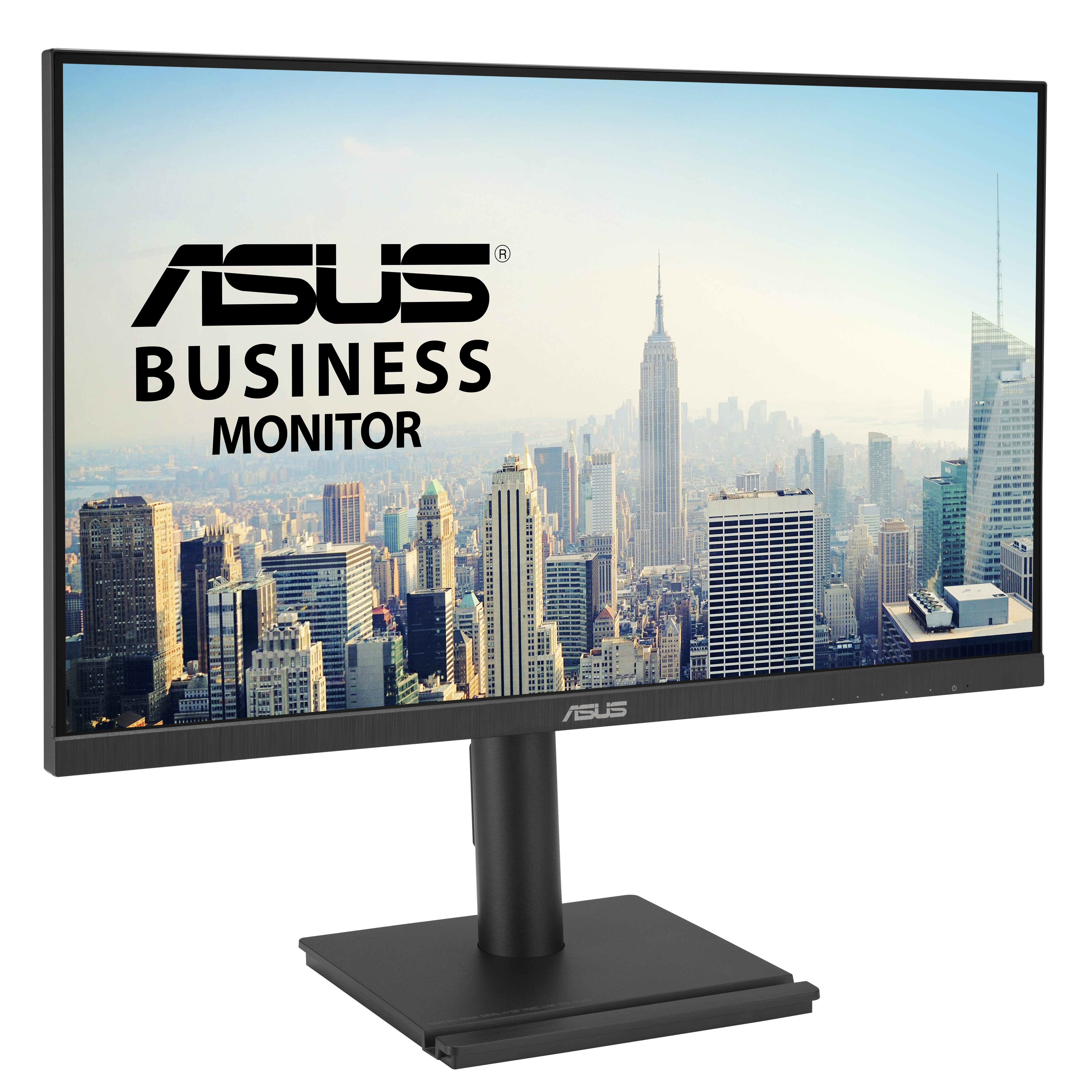 Monitor ASUS Business wyświetlający panoramę miasta z logo firmy.