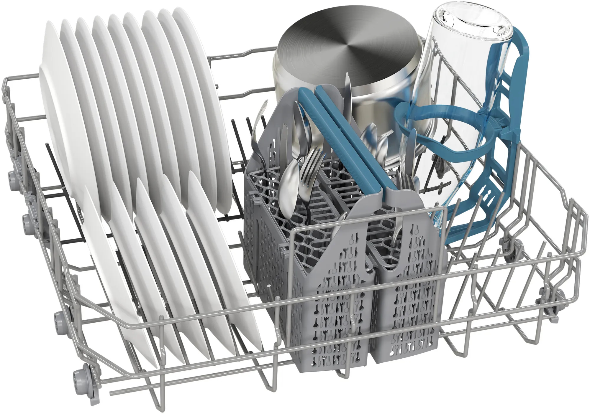 Kosz zmywarki z talerzami, sztućcami i szklankami.