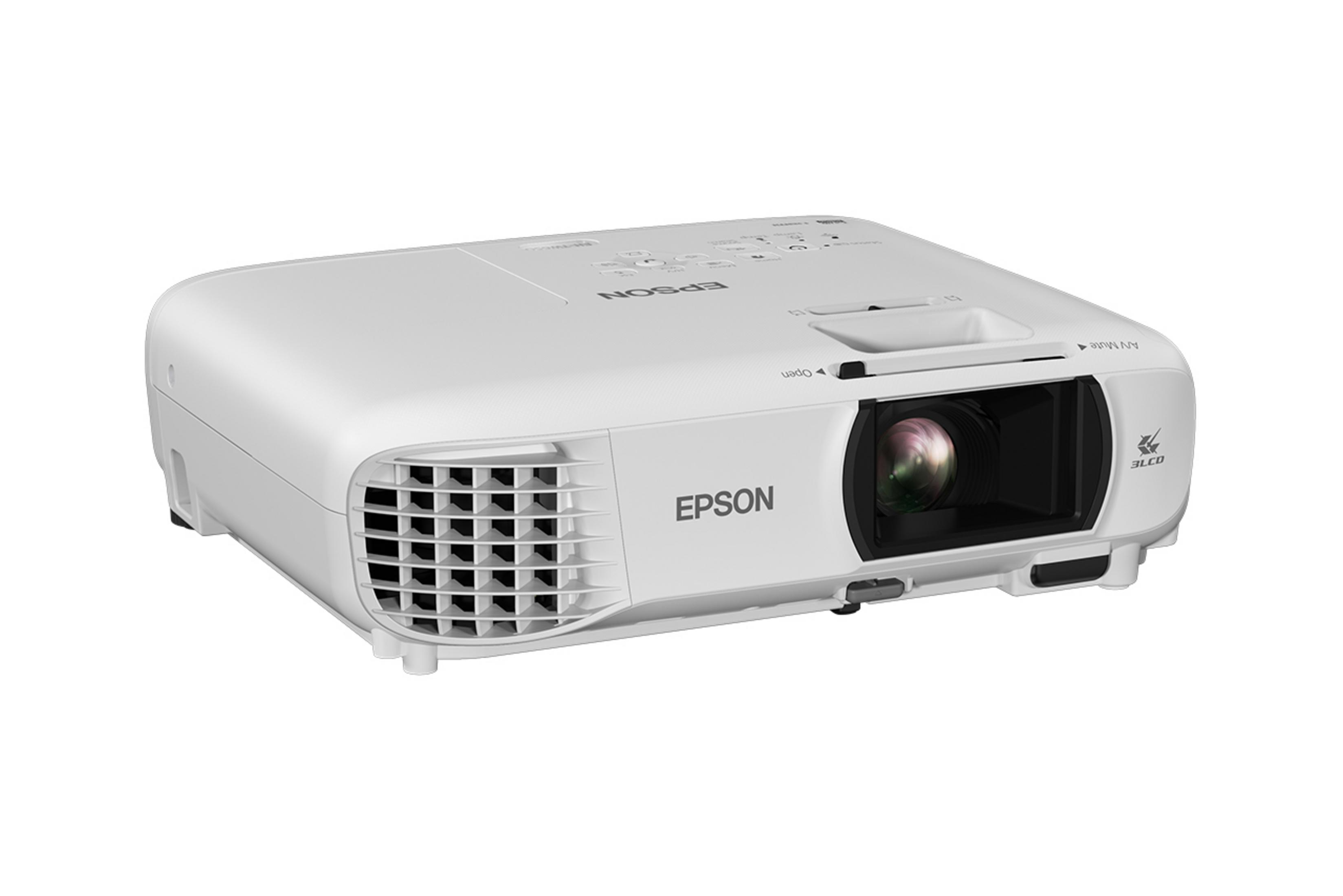 Proyector EPSON blanco con lente, rejillas de ventilación y la marca visible.