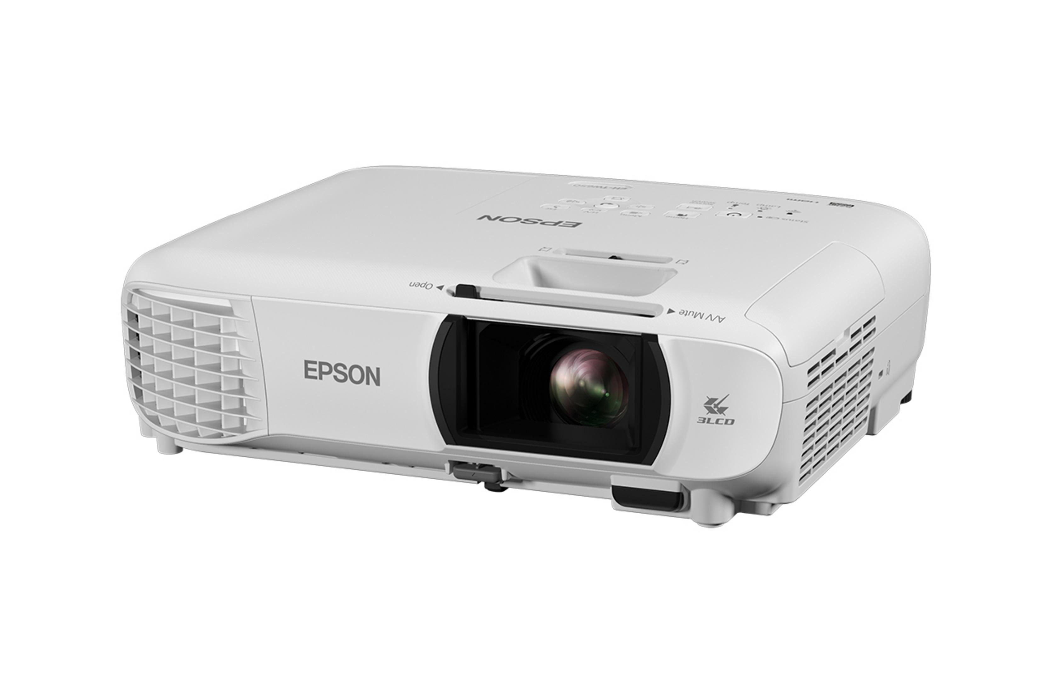 Un proyector EPSON blanco se muestra en ángulo, mostrando su lente, botones y el logotipo EPSON.