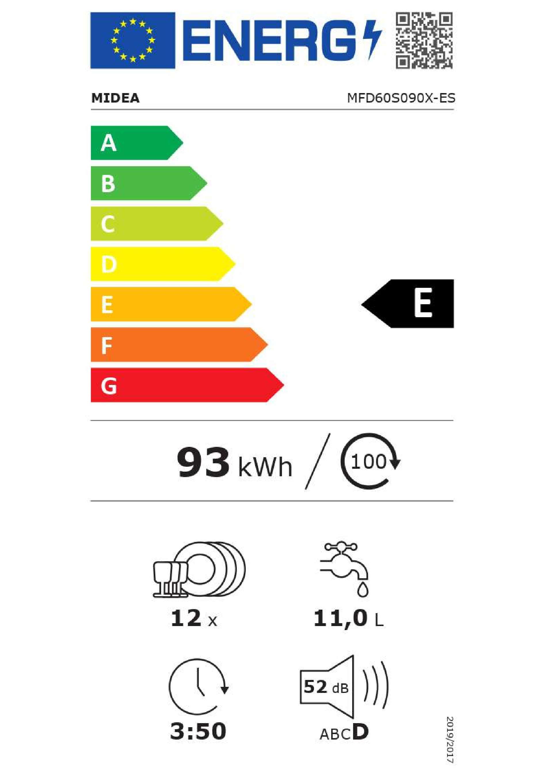 Etiqueta energética para un lavavajillas Midea. Muestra detalles de eficiencia energética e iconos.
