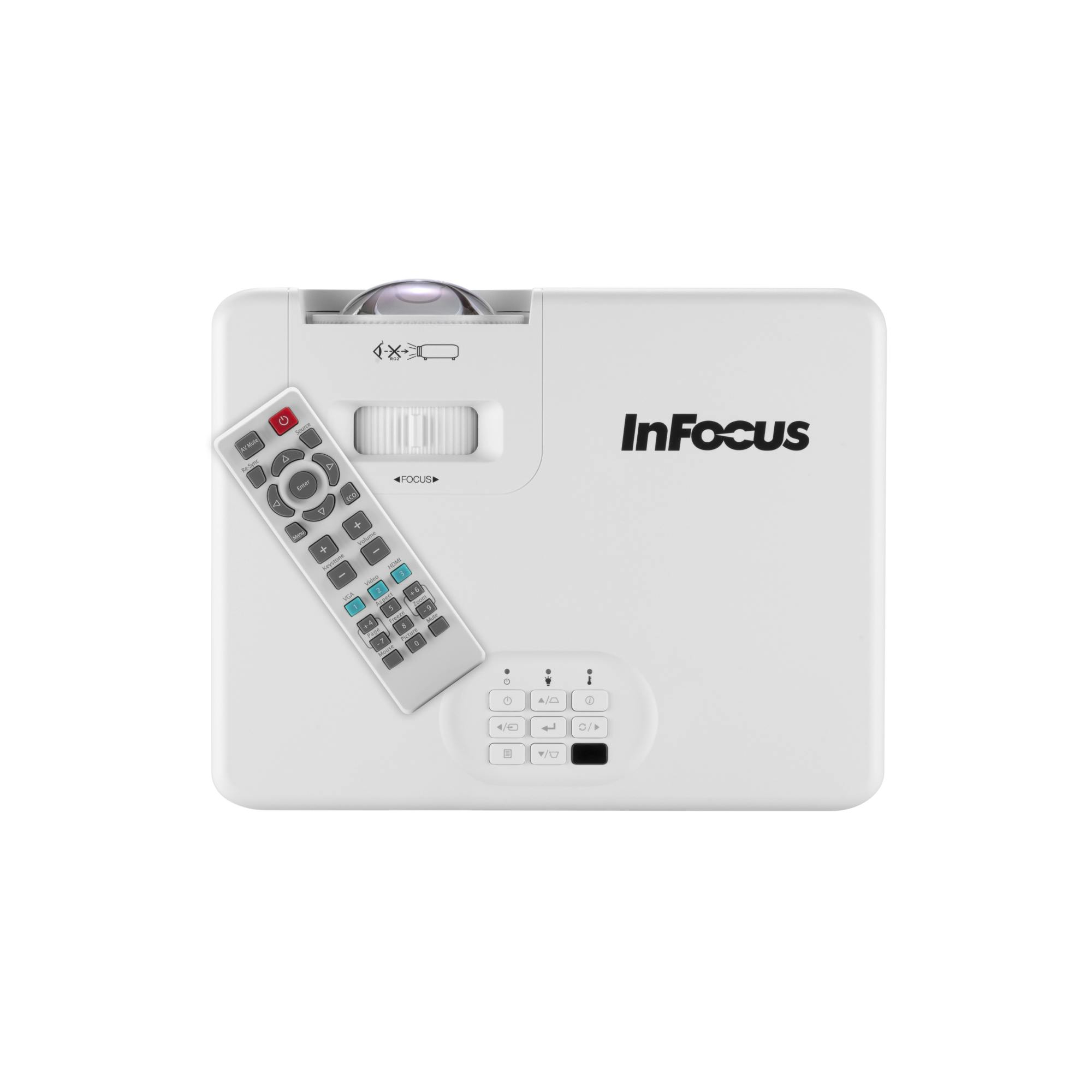 Biały projektor InFocus z pilotem.
