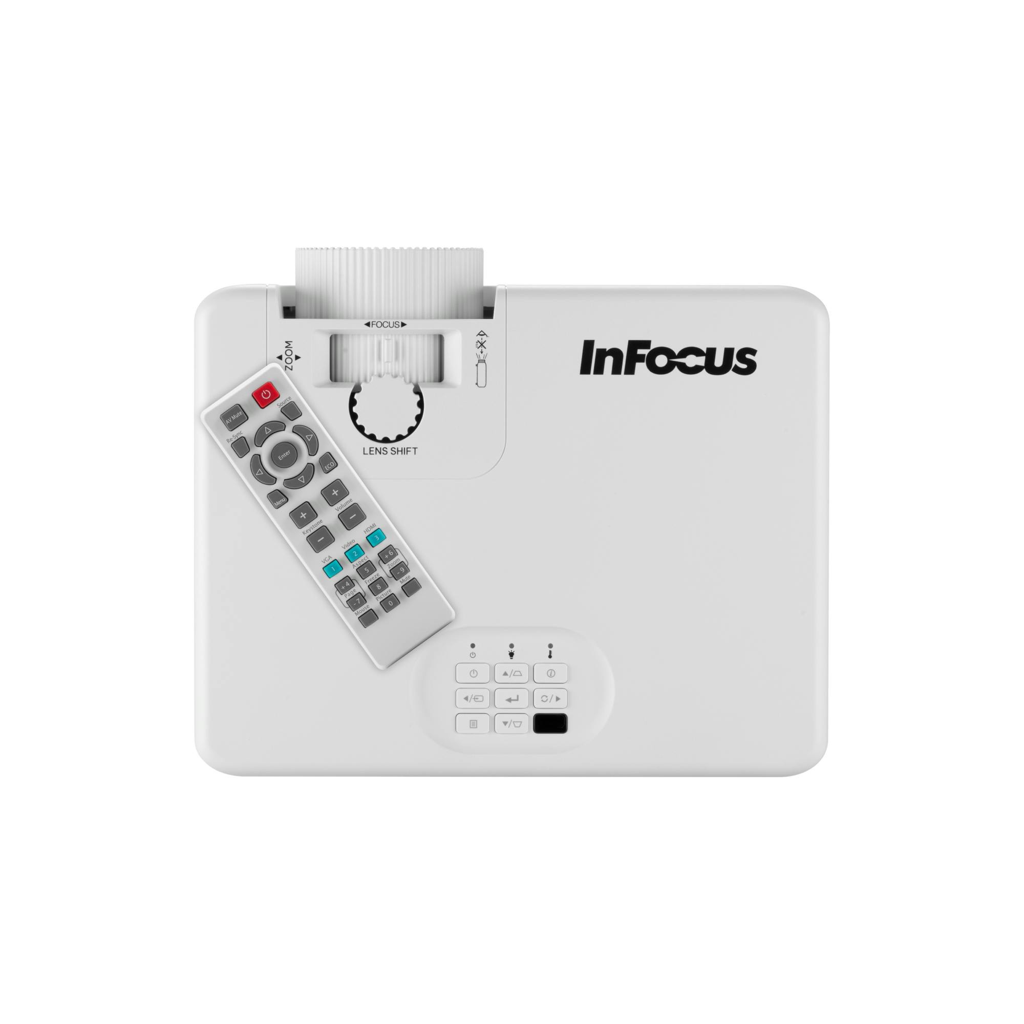 Widok z góry białego projektora InFocus z pilotem i przyciskami.