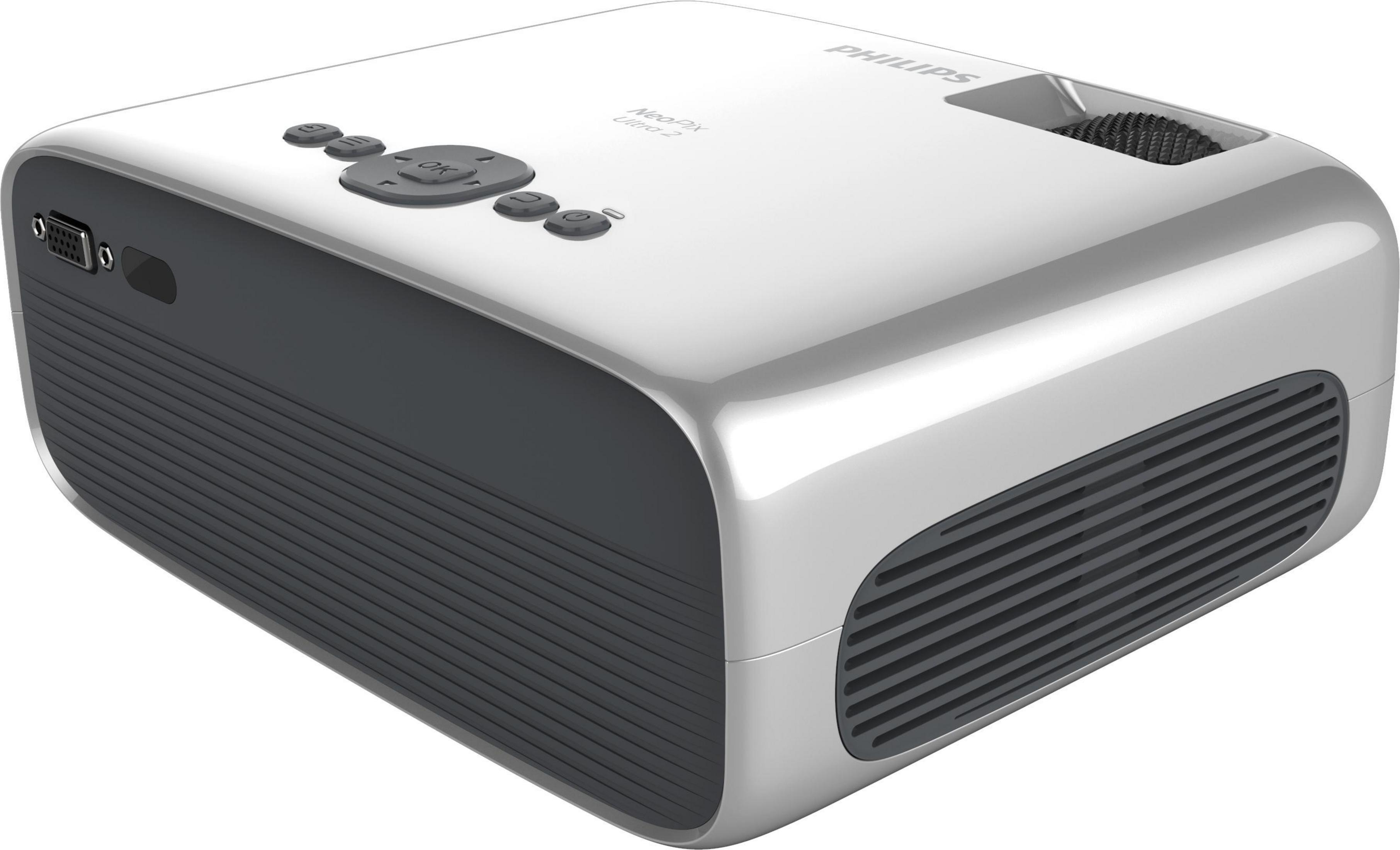 Un proyector blanco con lados gris oscuro. Tiene botones y una lente en la parte superior.