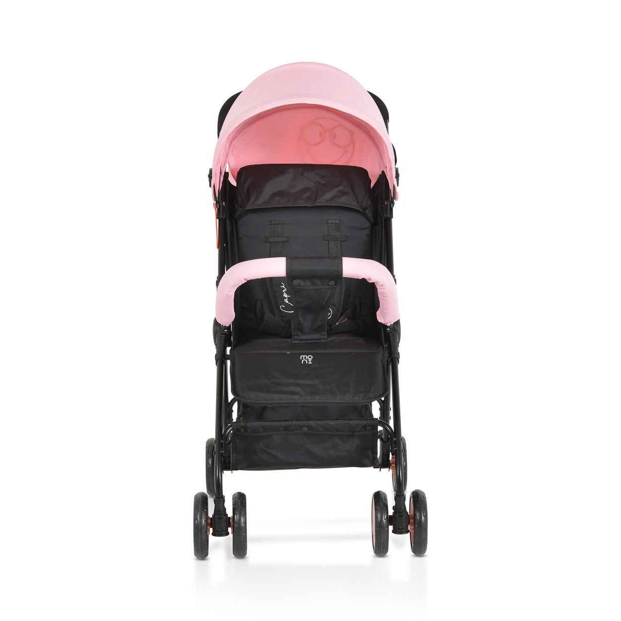 Schwarzer Kinderwagen mit rosa Akzenten, Verdeck und Griff.