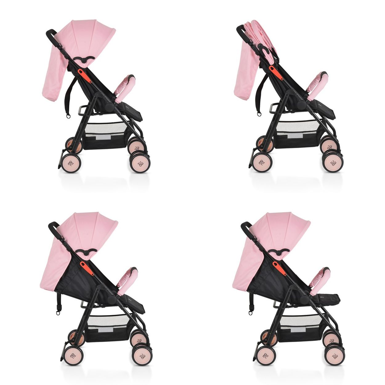Vier Bilder eines rosa Kinderwagens aus verschiedenen Winkeln auf weißem Hintergrund.