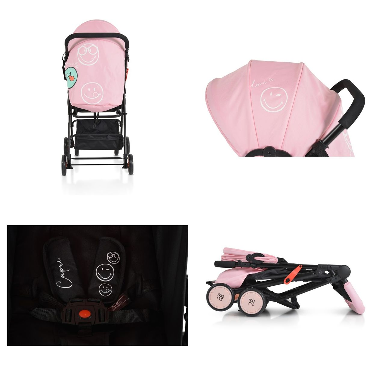Rosa Kinderwagen mit Smiley-Gesichtern. Details: Verdeck, Sitz, gefaltet.