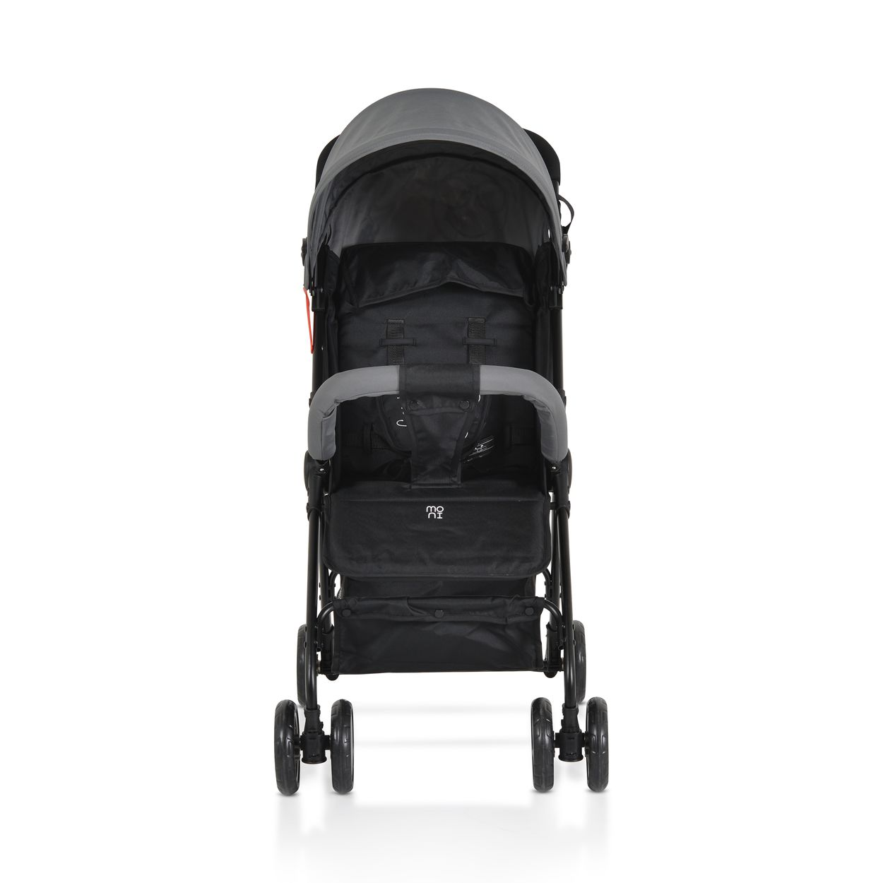 Vorderansicht eines Kinderwagens mit grauem Verdeck, schwarzem Sitz, Rahmen und Rädern.