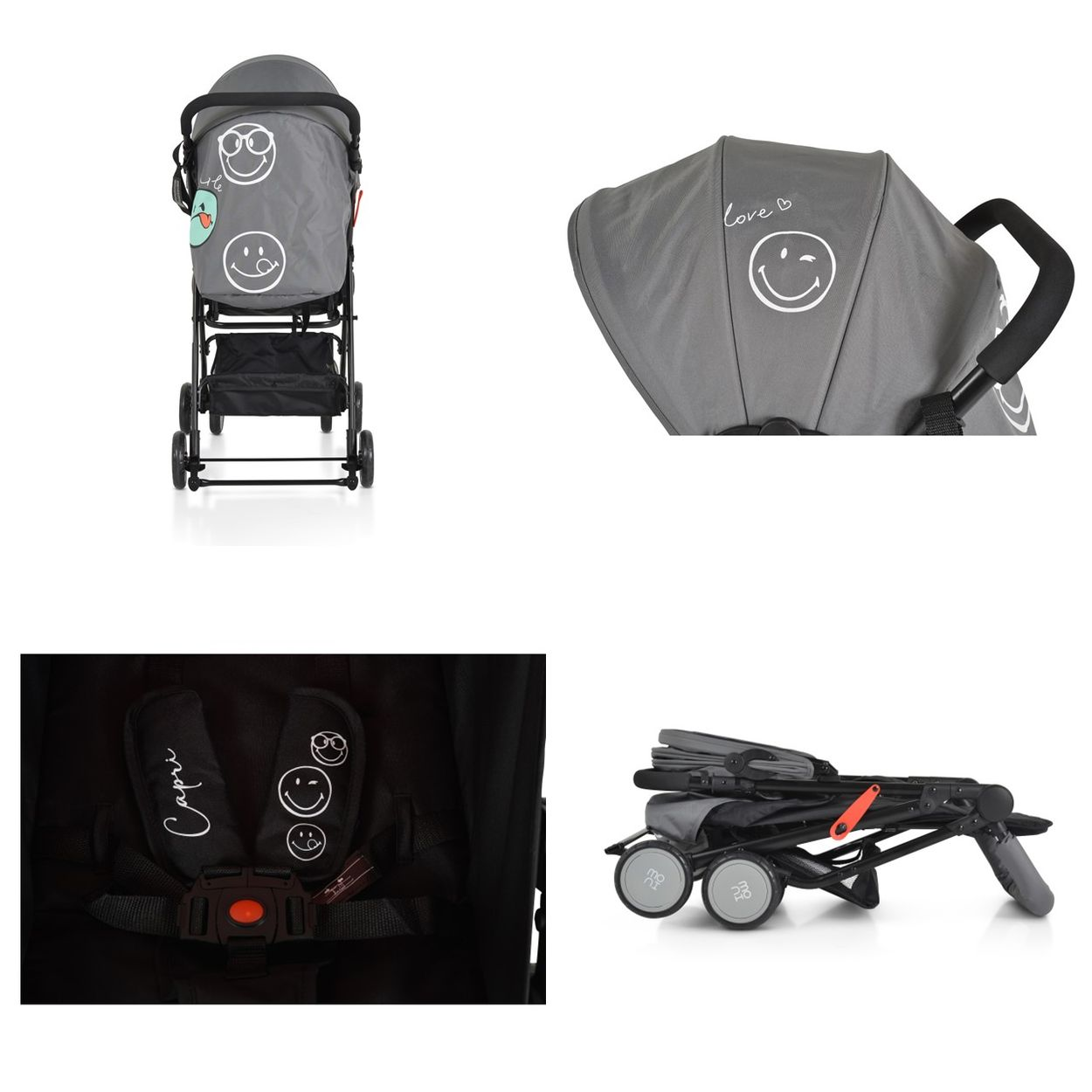 Grauer Kinderwagen mit Smiley-Gesichtern. Details: Verdeck, Sitz, gefaltet.