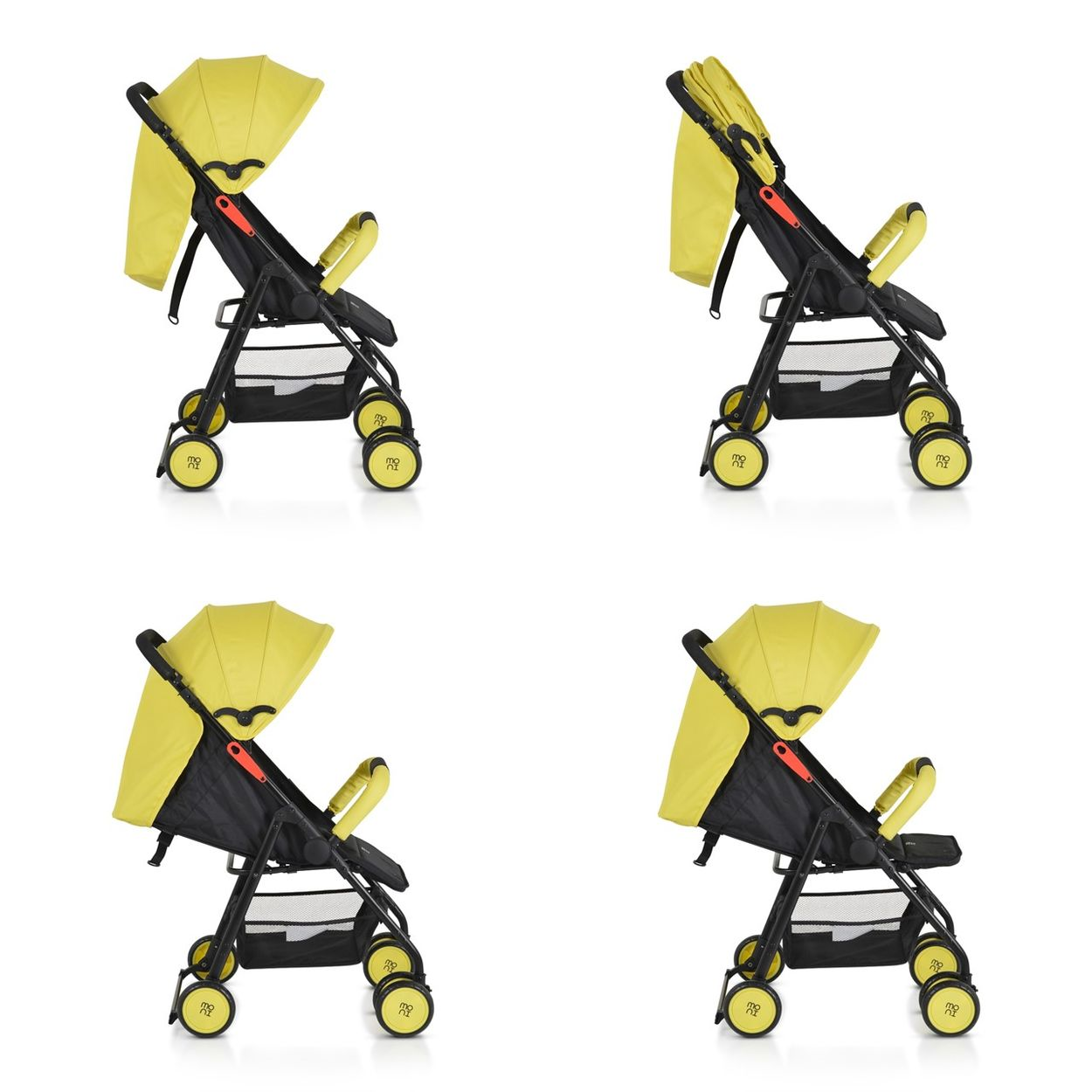 Vier Seitenansichten eines Kinderwagens mit gelbem Verdeck, schwarzem Rahmen und Rädern.